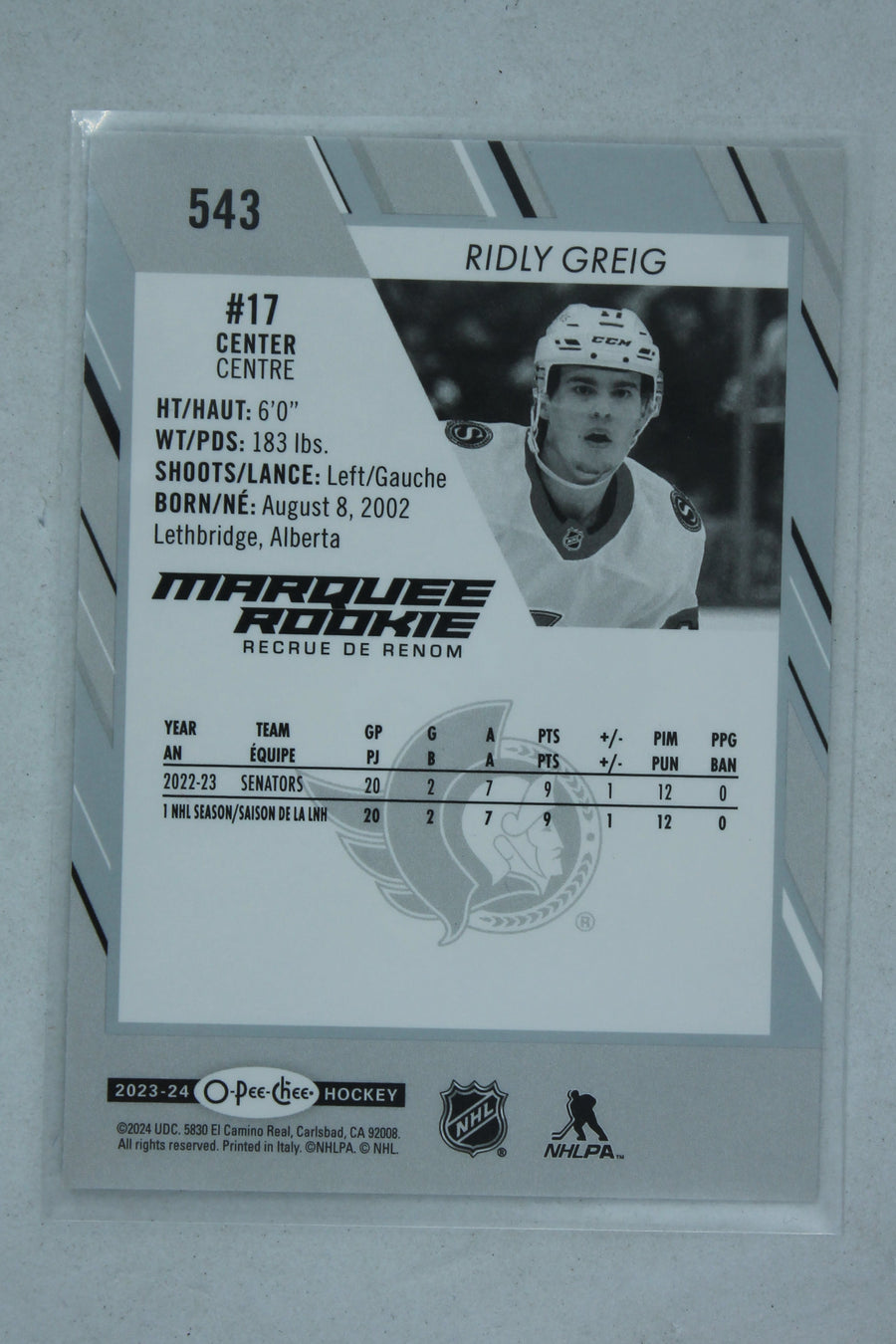 Ridly Greig 2023-24 O-Pee-Chee Marquee Rookie Rookie Card