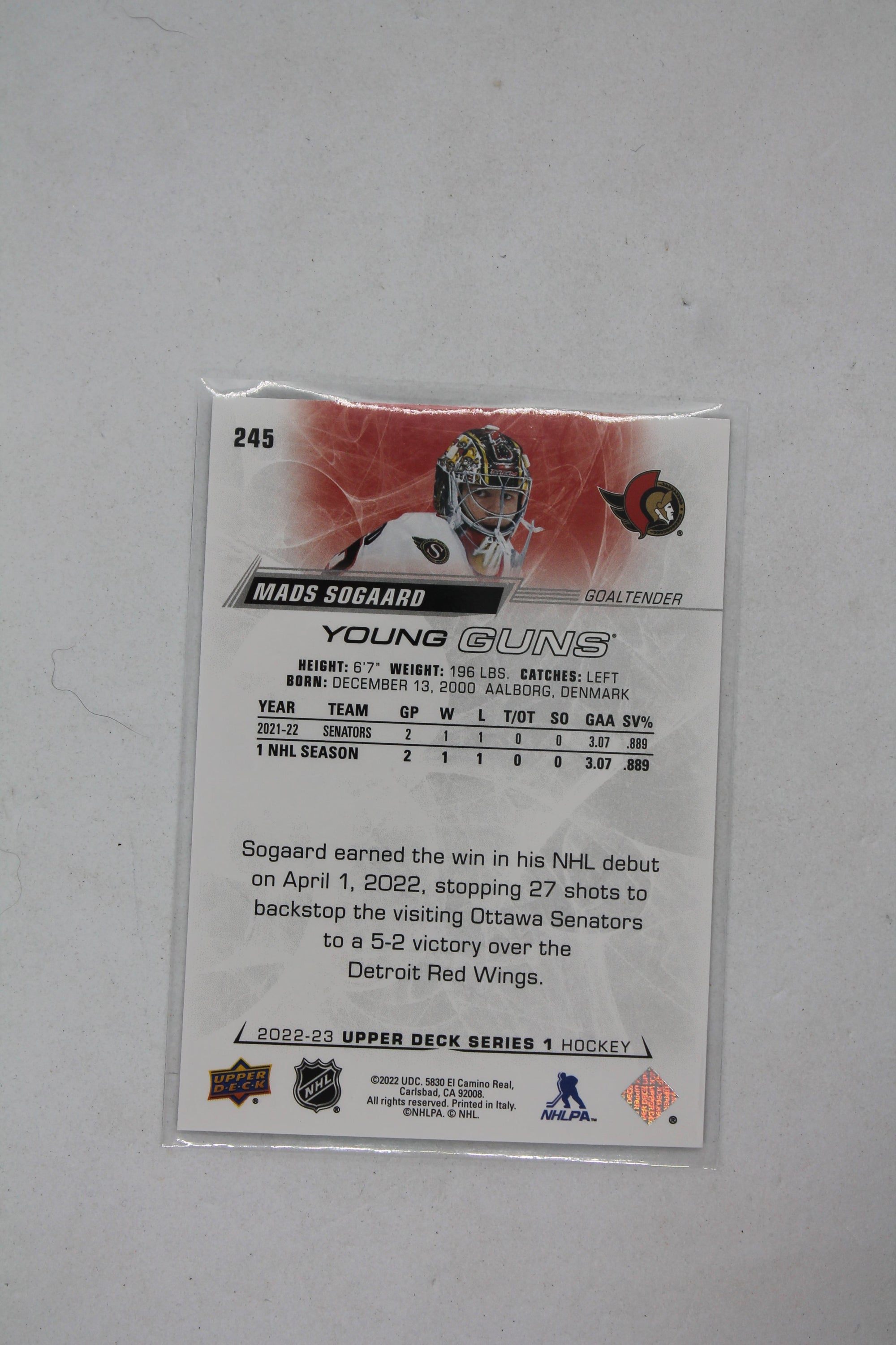 Mads Sogaard 2022-23 Upper Deck Series 1 - [Base] #245 Young Guns Rookie Card