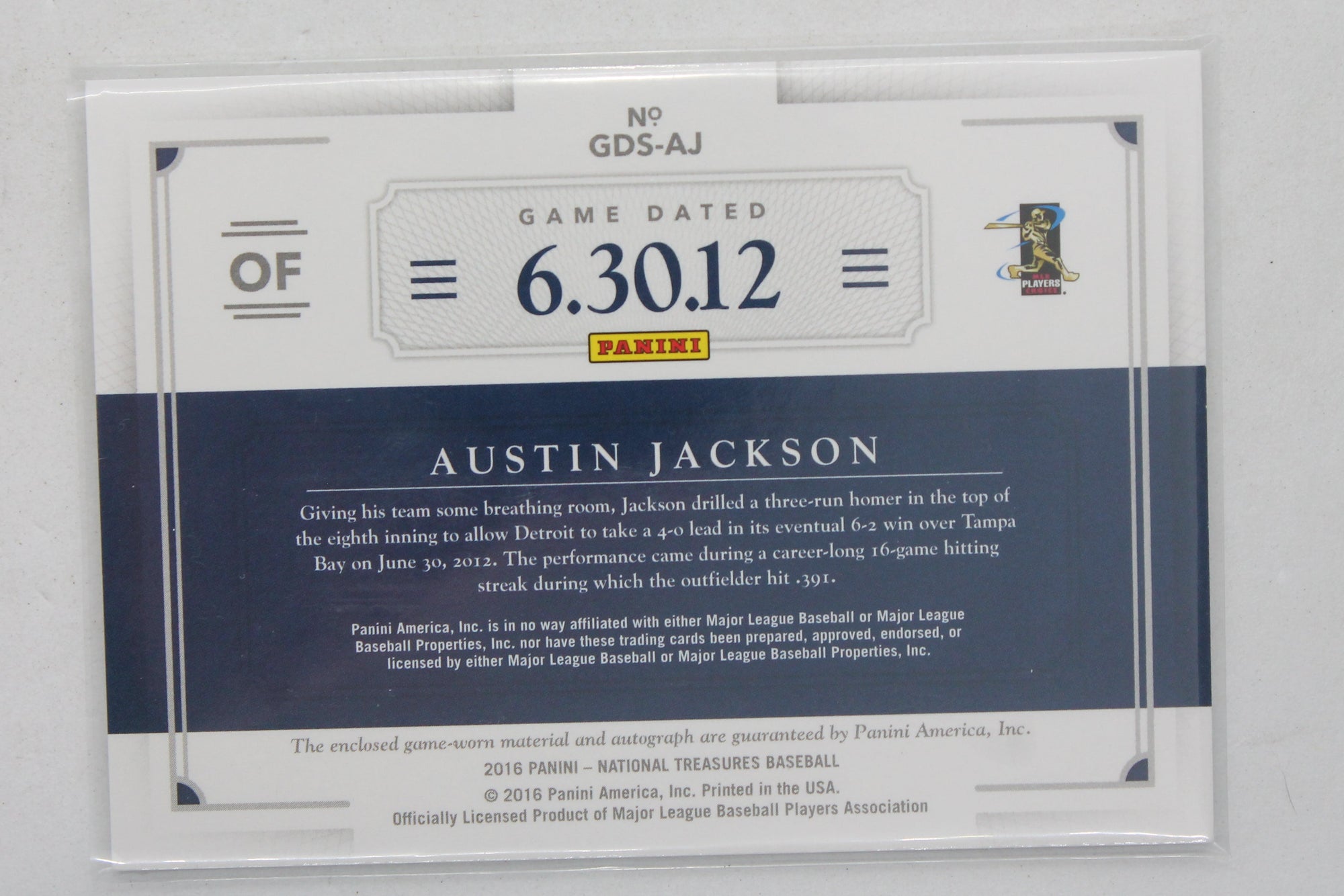 Austin Jackson  2016 Panini National Treasures - Game Dated Signatures #GDS-AJ  #45/99