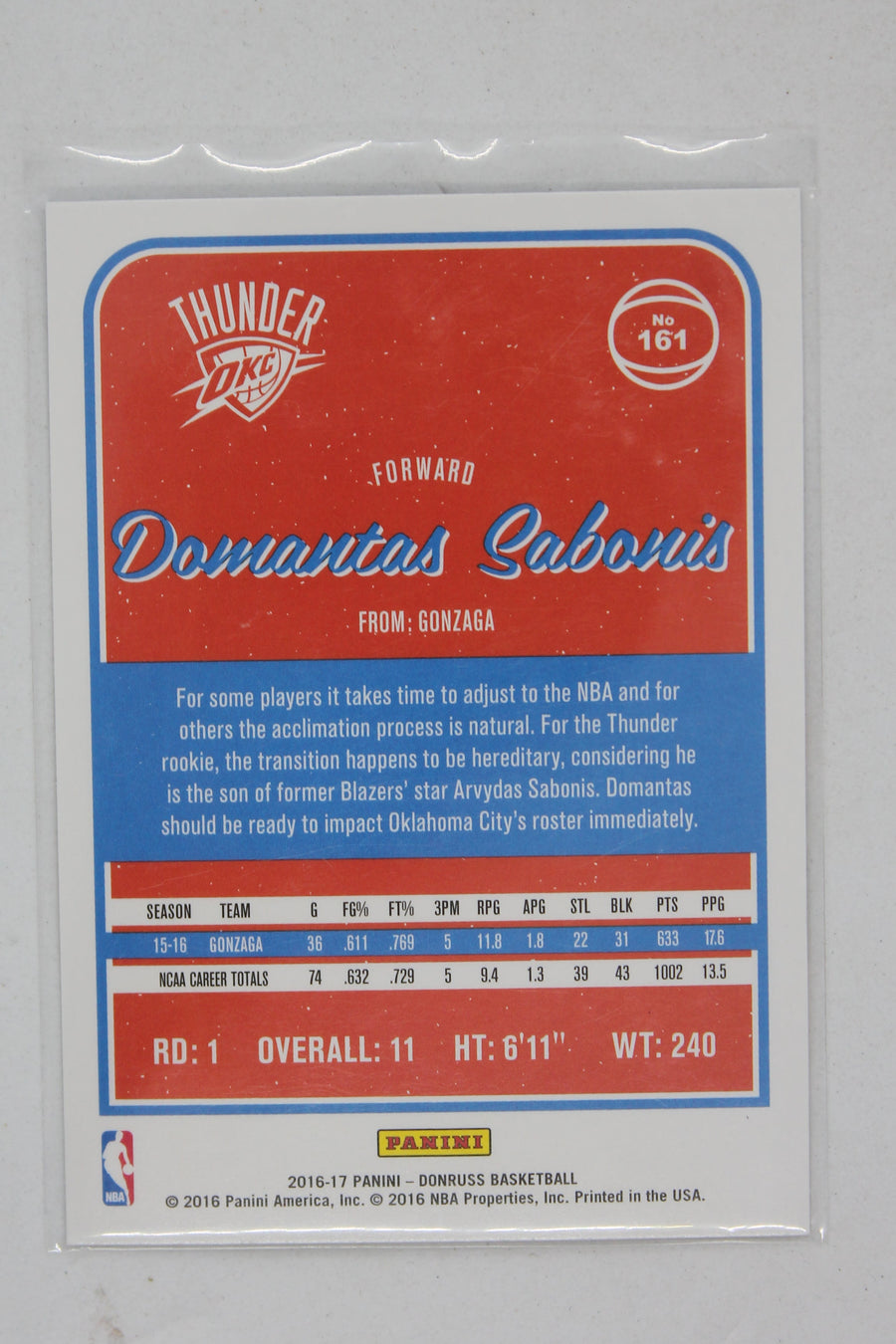 Domantas Sabonis 2016-17 Panini Donruss - [Base] #161 Rookies - Rookie Card