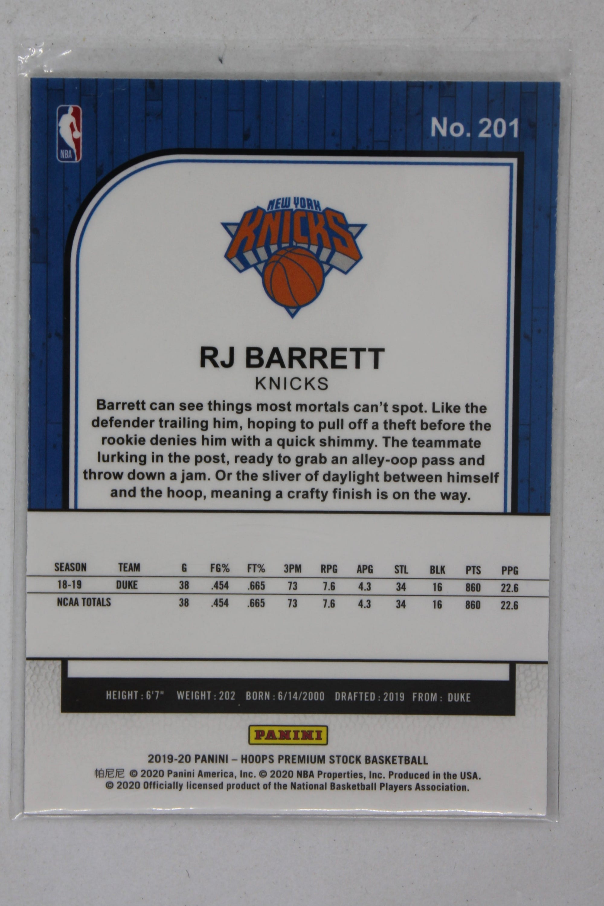 RJ Barrett 2019-20 Panini NBA Hoops Premium Stock - [Base] #201.1 Rookie Card