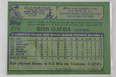 Bob Ojeda 1982 Topps Rookie Card - Boston Red Sox