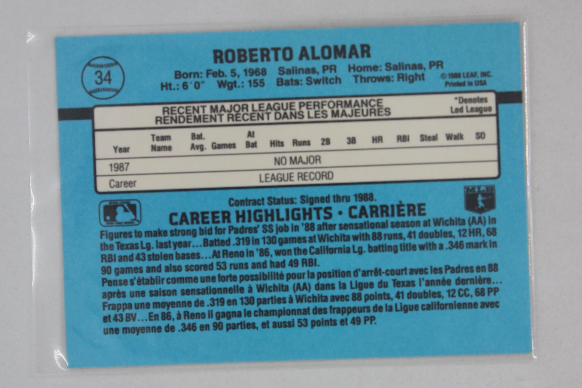 Roberto Alomar 1988 Leaf Canadian - [Base] #34 Rated Rookies - Rookie Year