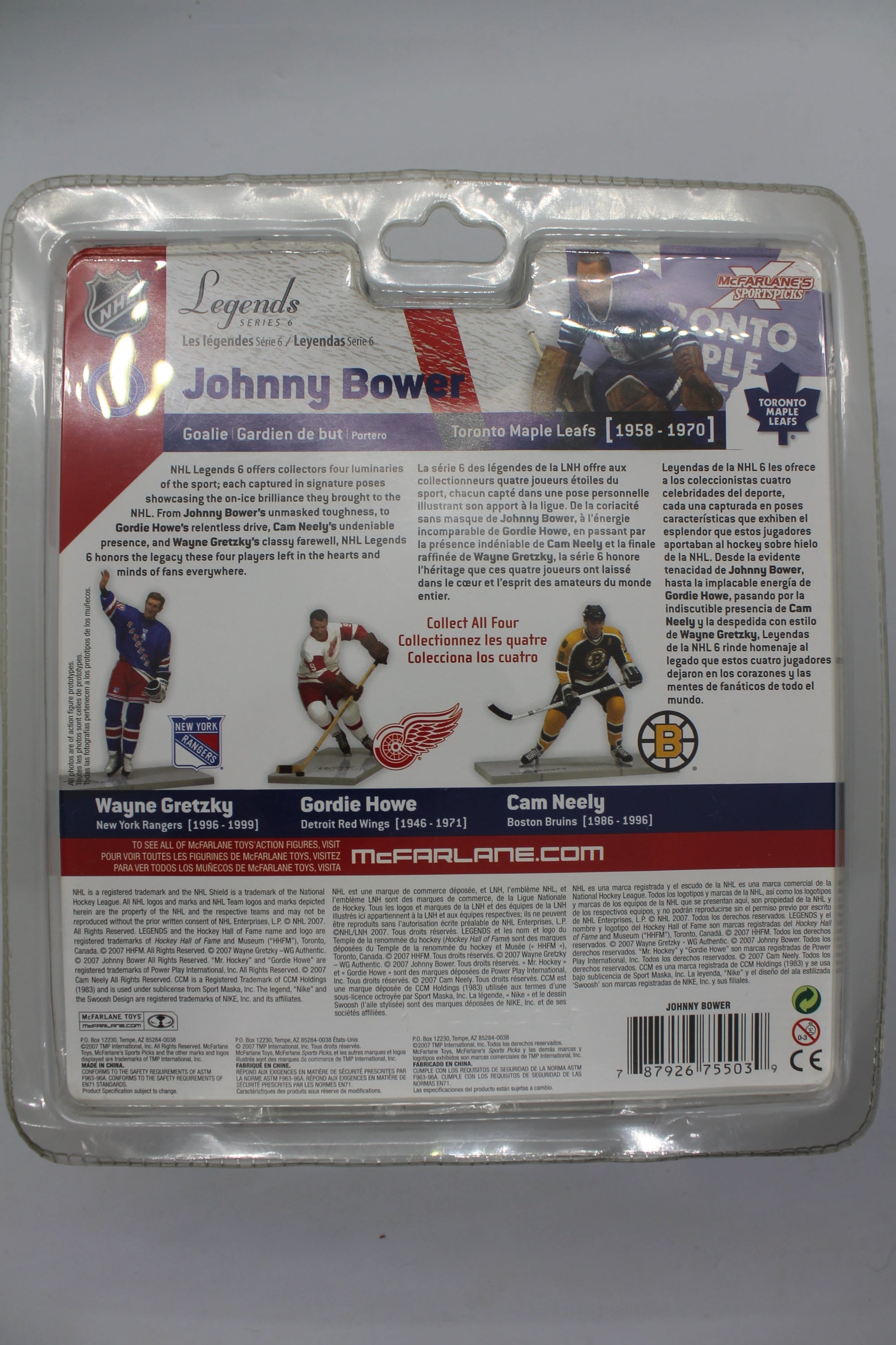 Johnny Bower MCFARLANE - NHL Legends 6 - LEAFS - Blue JERSEY - some clamshell yellowing