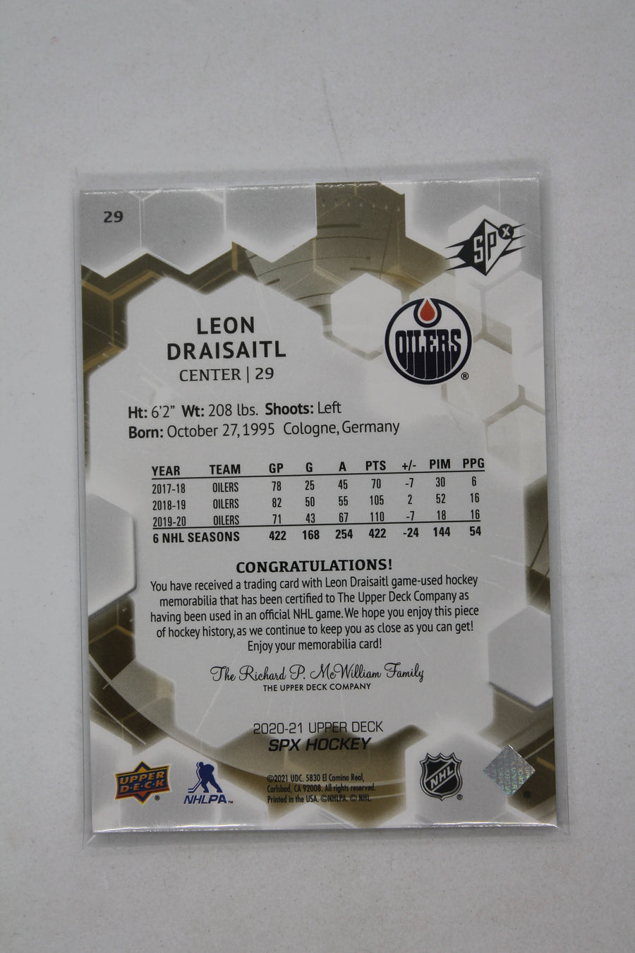 2020-21 UD SPX Leon Draisaitl Jersey Card #29