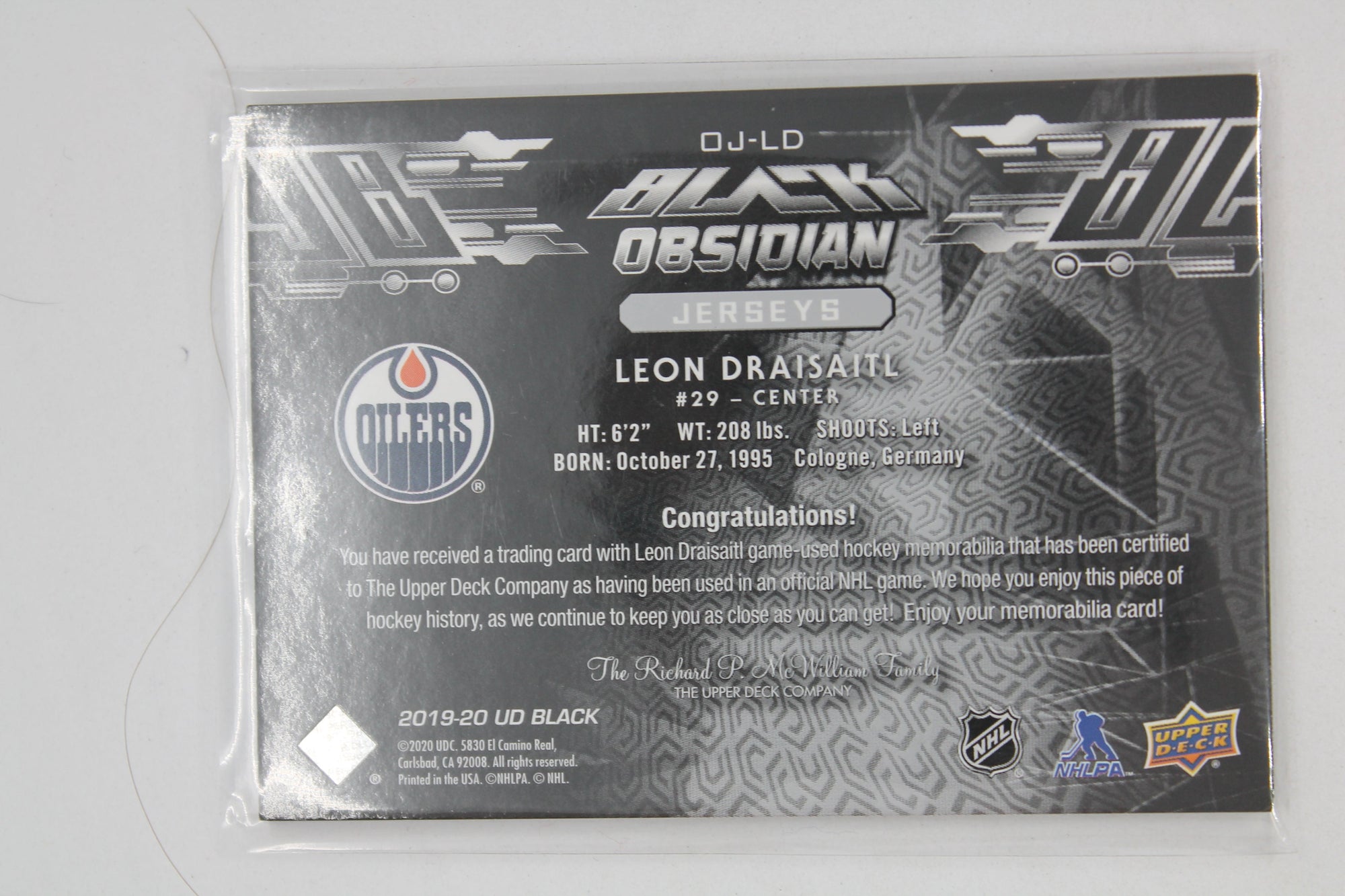 2019-20 SPX UD Black Obsidian Leon Draisaitl Jersey Card #OJ-LD