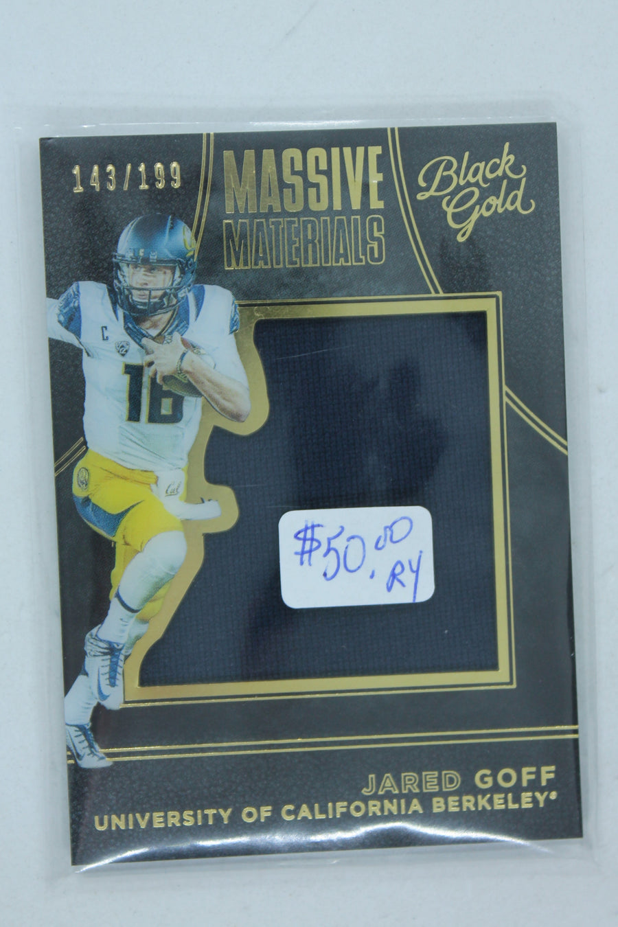 Jared Goff 2016 Panini Black Gold Collegiate - Massive Materials #12 - Rookie Year Card #143/199