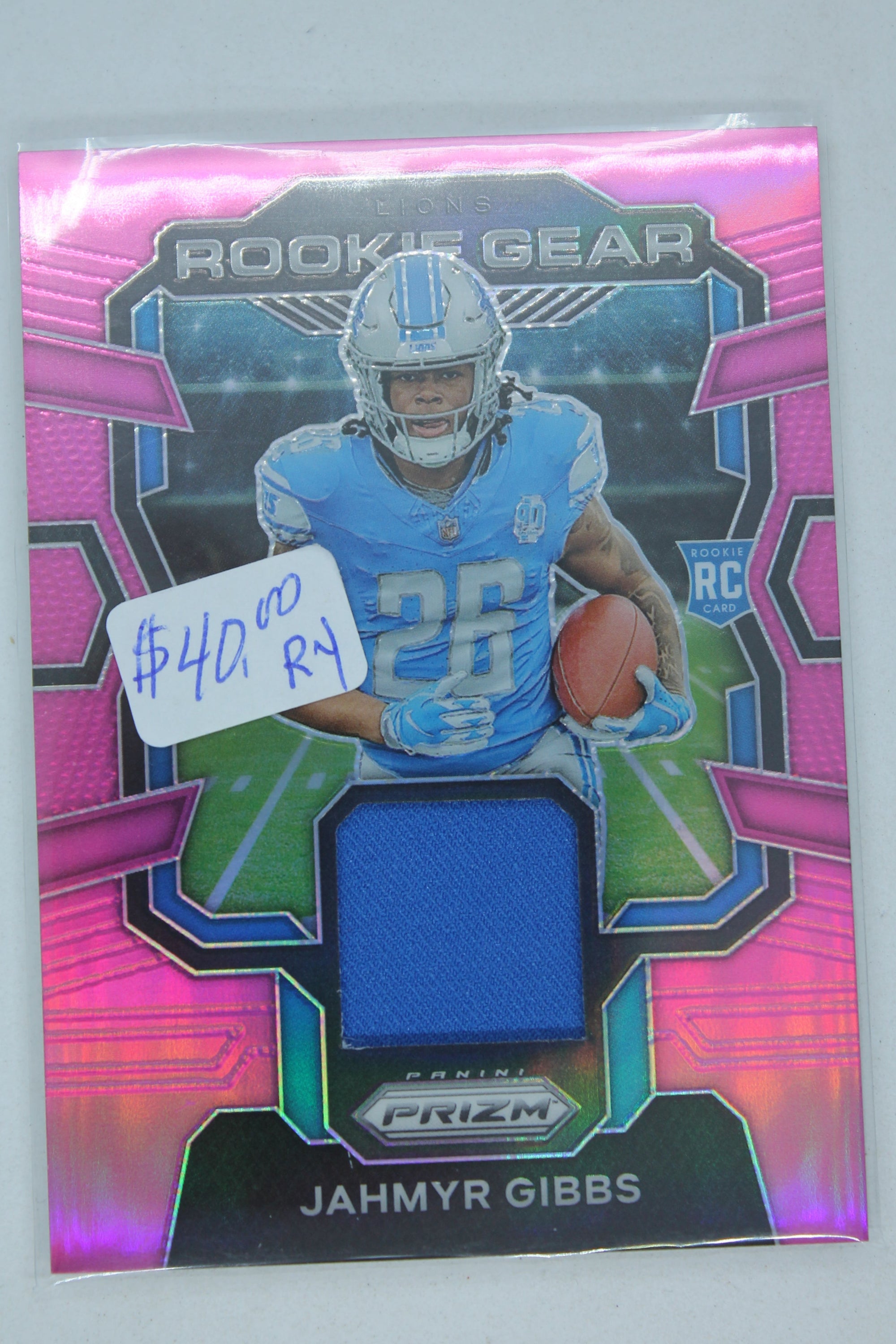 Jahmyr Gibbs 2023 Panini Prizm - Rookie Gear - Pink Prizm Rookie Year Card
