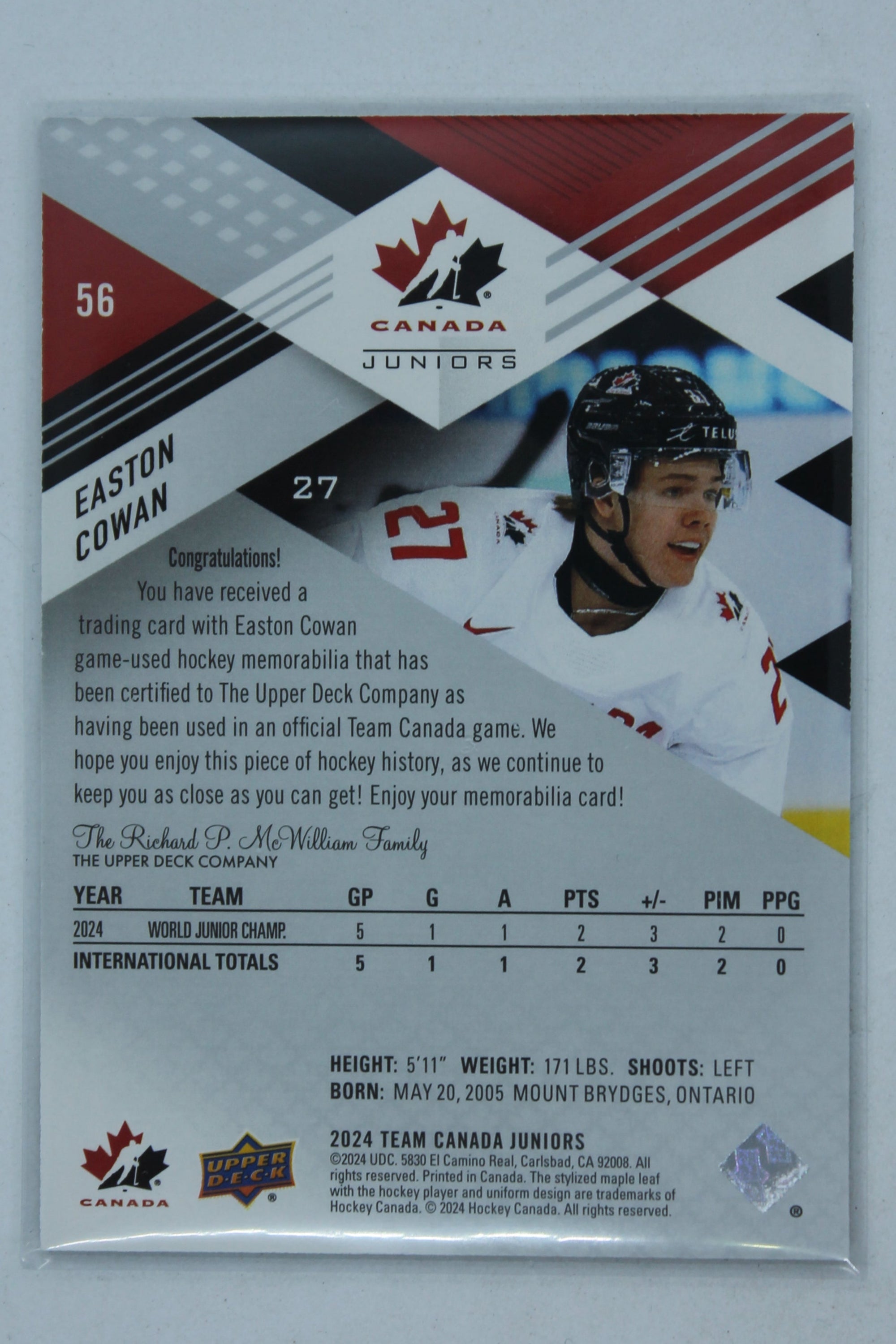 Easton Cowan 2024 Upper Deck Team Canada Juniors PRC (Red) Jersey Card