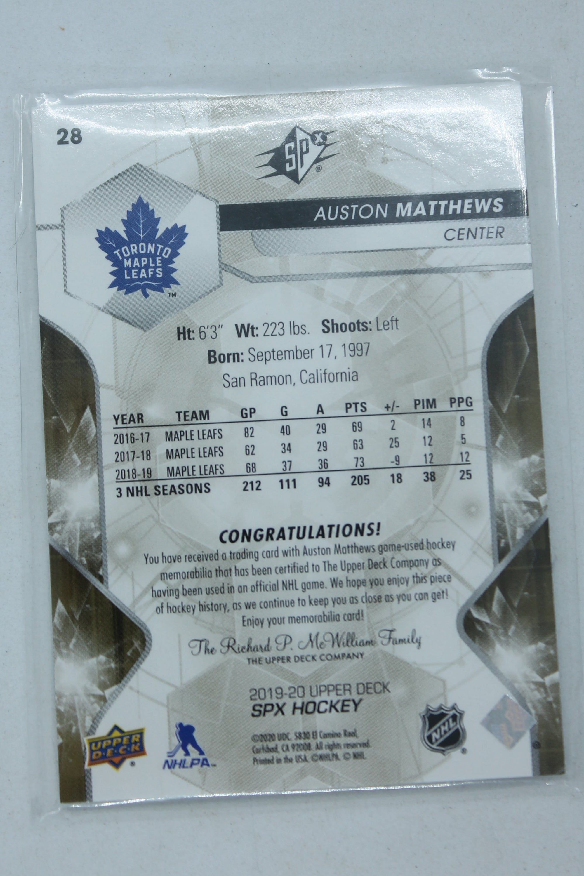 Auston Matthews 2019-20 SPX Memorabilia Jersey Card - Toronto Maple Leafs #113/199