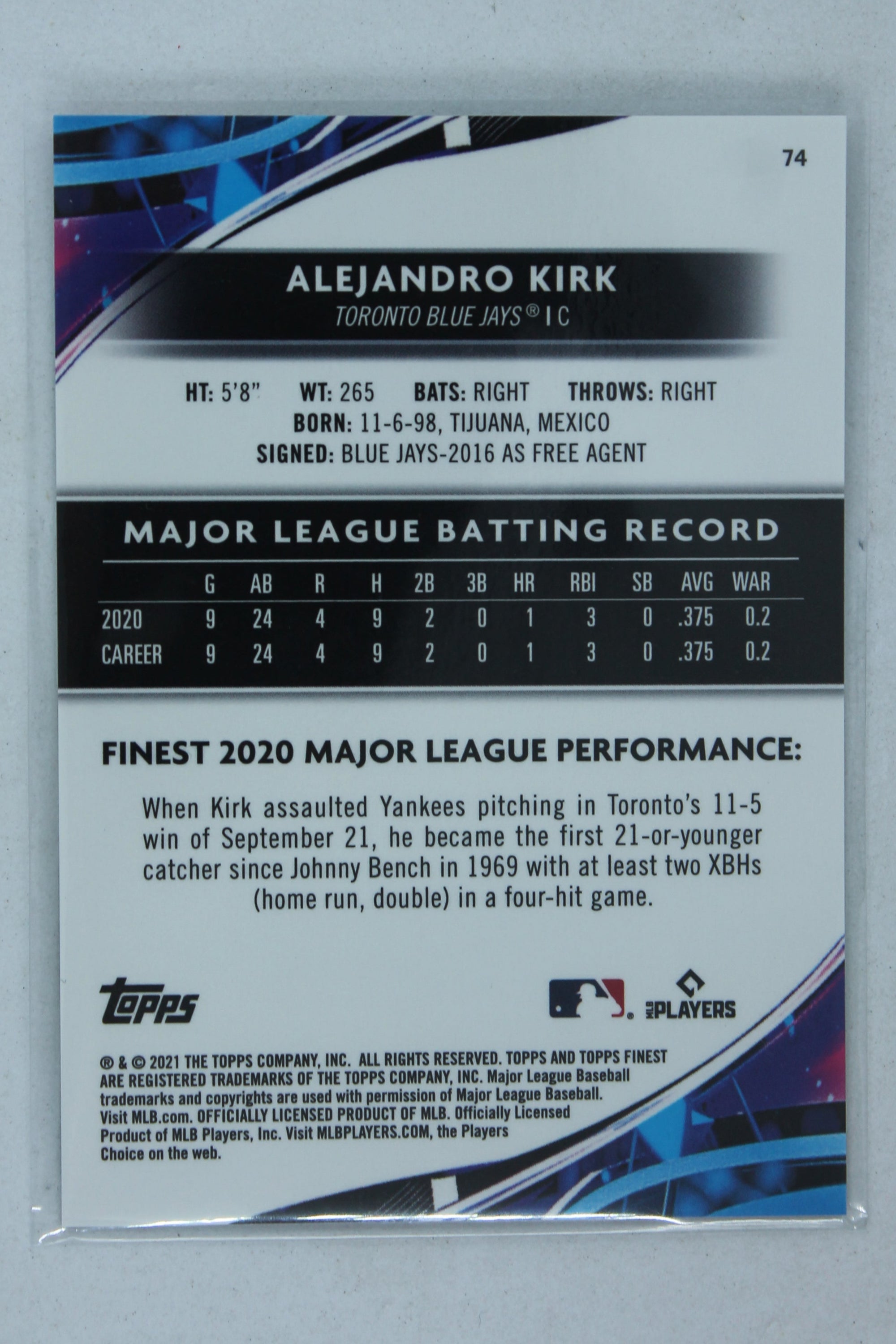 Alejandro Kirk 2021 Topps Finest Purple Refractor Rookie Card #131/250