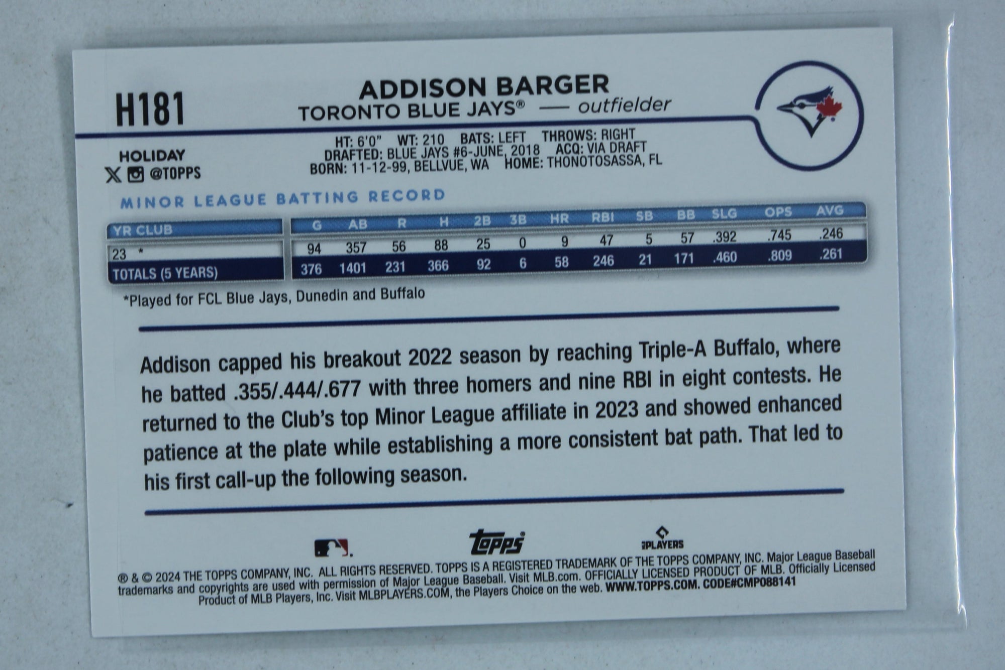 Addison Barger 2024 Topps Holiday Rookie Card