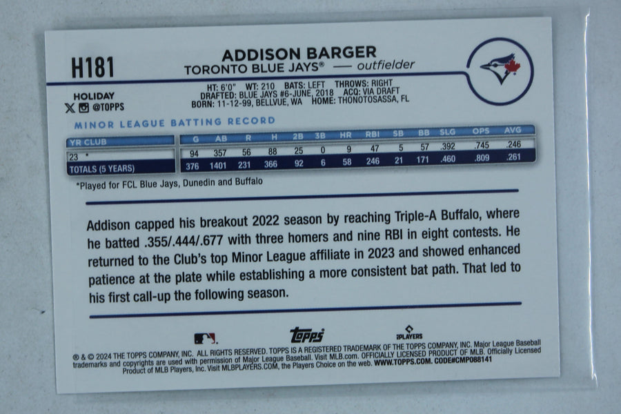 Addison Barger 2024 Topps Holiday Rookie Card