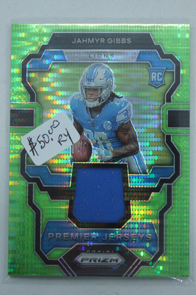 Jahmyr Gibbs 2023 Panini Prizm - Premier Jerseys - Neon Green Pulsar Prizm Rookie Year Card