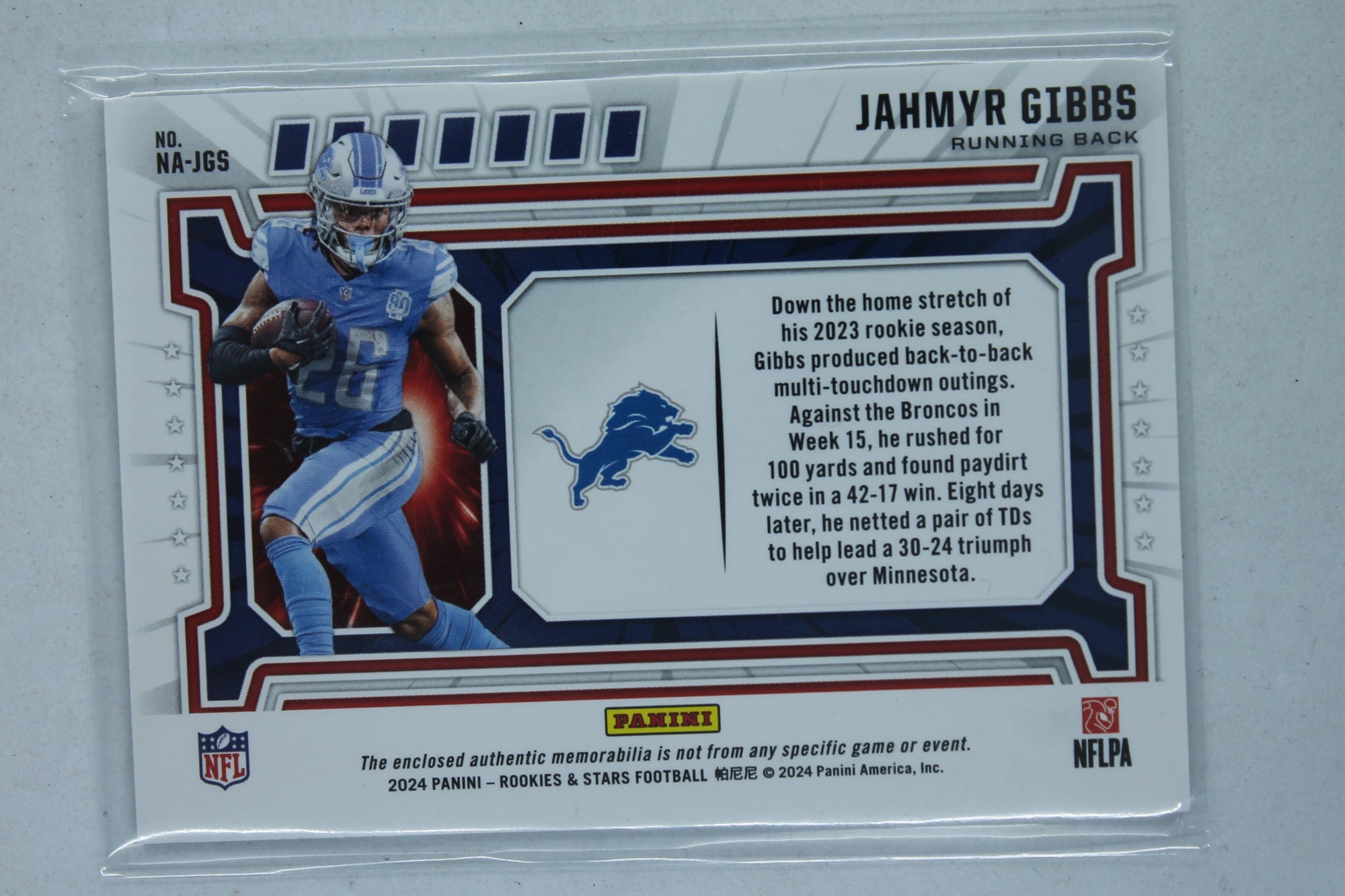 Jahmyr Gibbs 2023 Panini Rookies & Stars NFL Authentic Rookie Year Card #143/399