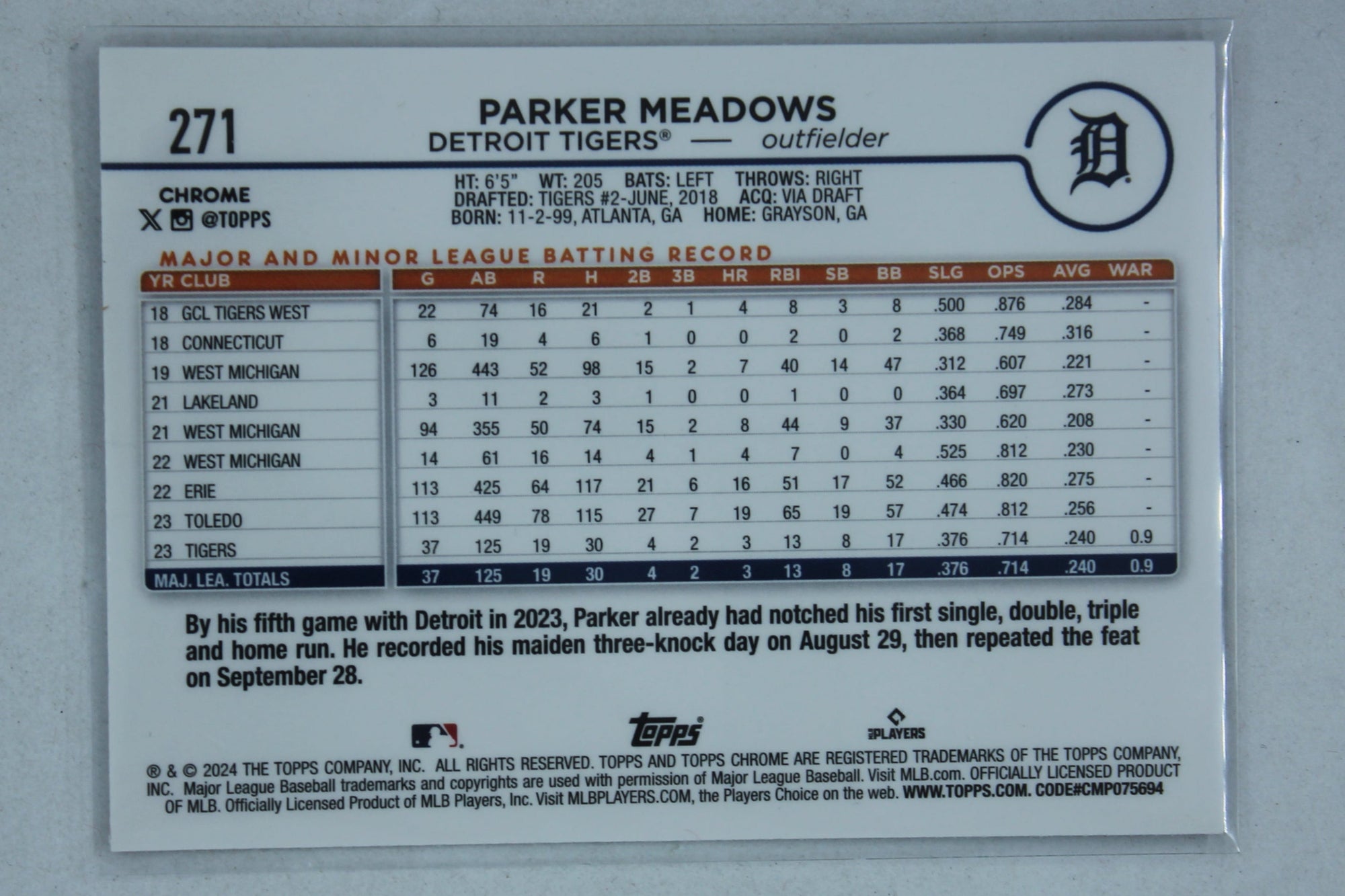 Parker Meadows 2024 Topps Chrome - Pink Refractor Rookie Card