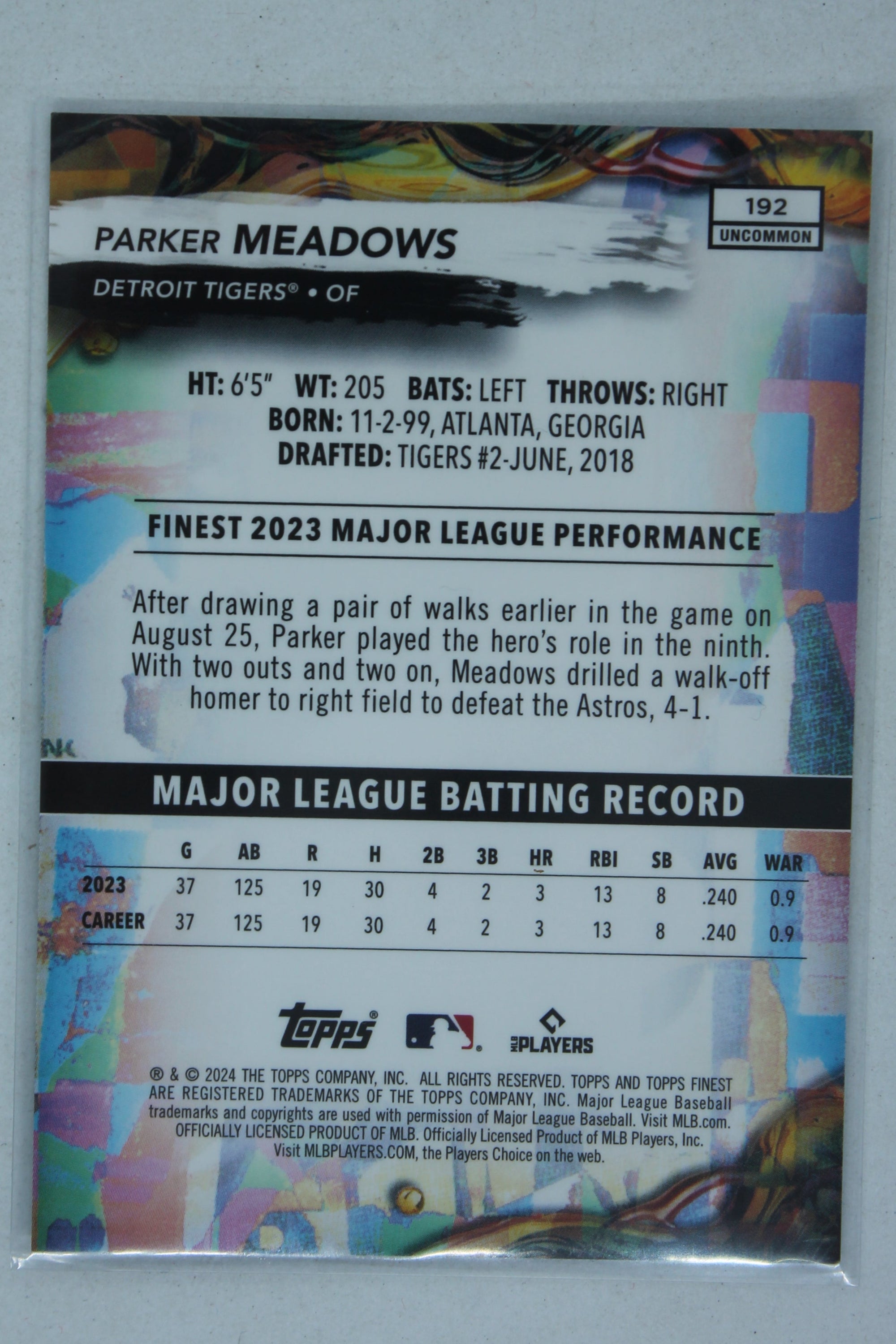 Parker Meadows 2024 Topps Finest - Purple Refractor Rookie Card #159/200