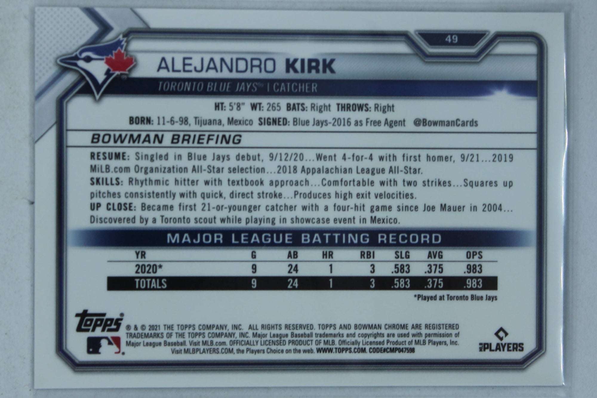 Alejandro Kirk 2021 Bowman Chrome - Purple Refractor Rookie Card #034/250