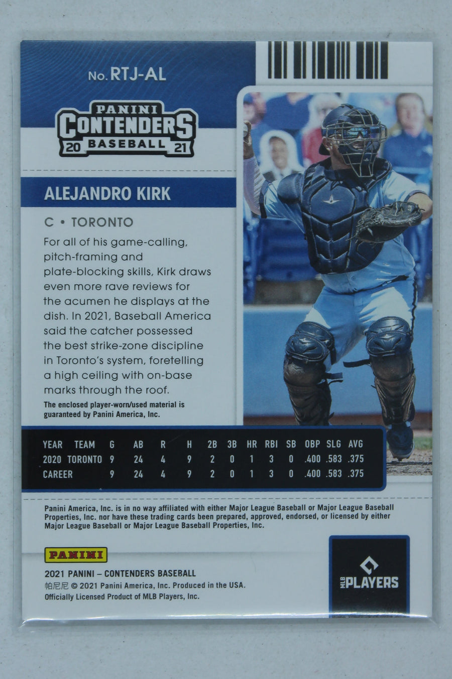 Alejandro Kirk 2021 Panini Contenders - Rookie Ticket Jersey Rookie Year Card