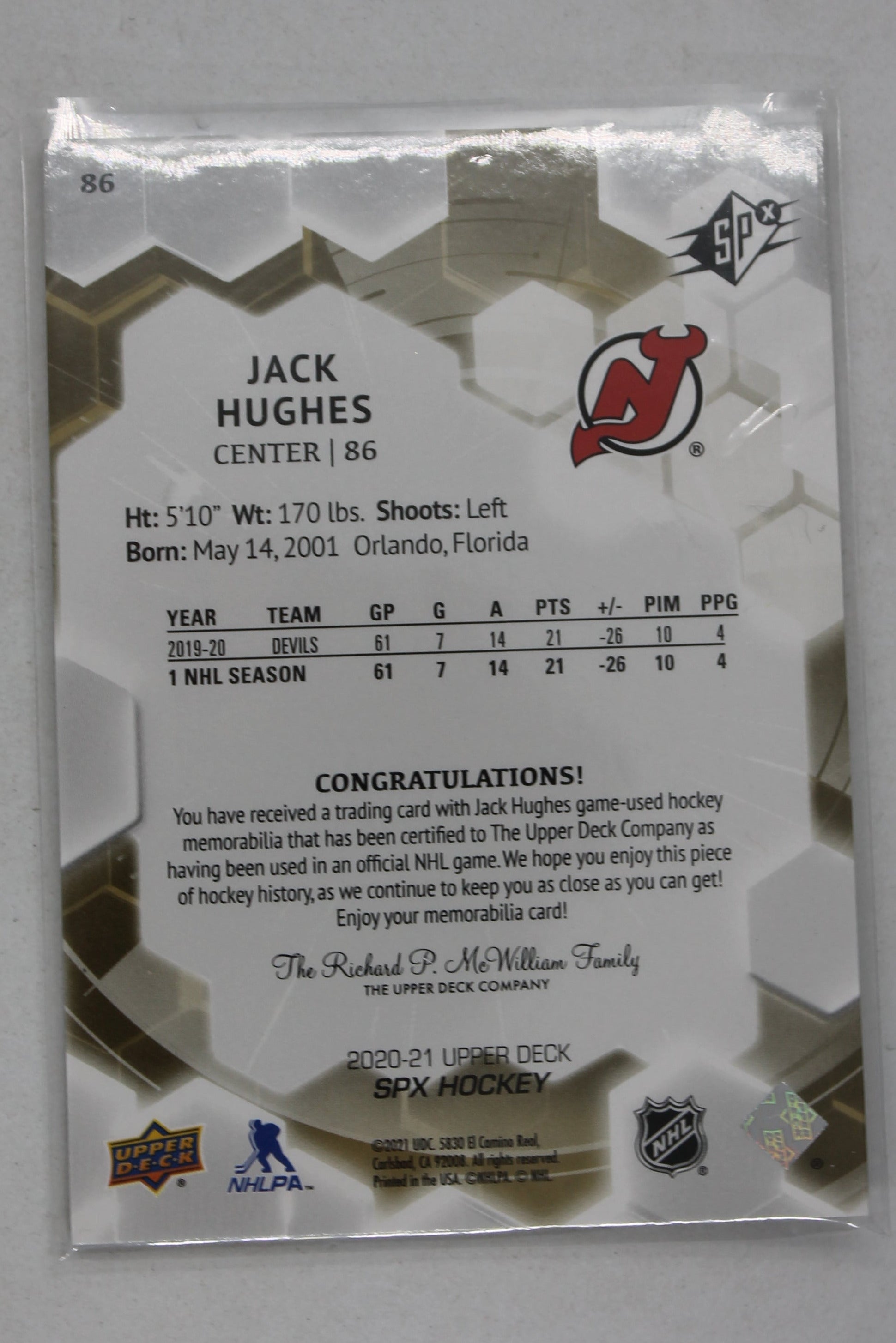 Jack Hughes 2020-21 SPx - Memorabilia #86 Jersey Card