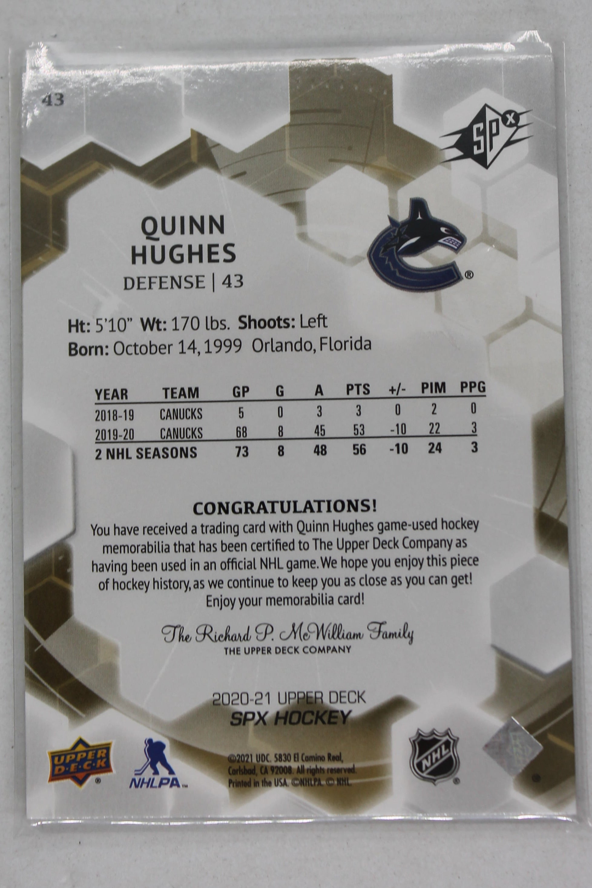 Quinn Hughes 2020-21 Upper Deck SPXJerseys #43 Jersey Card