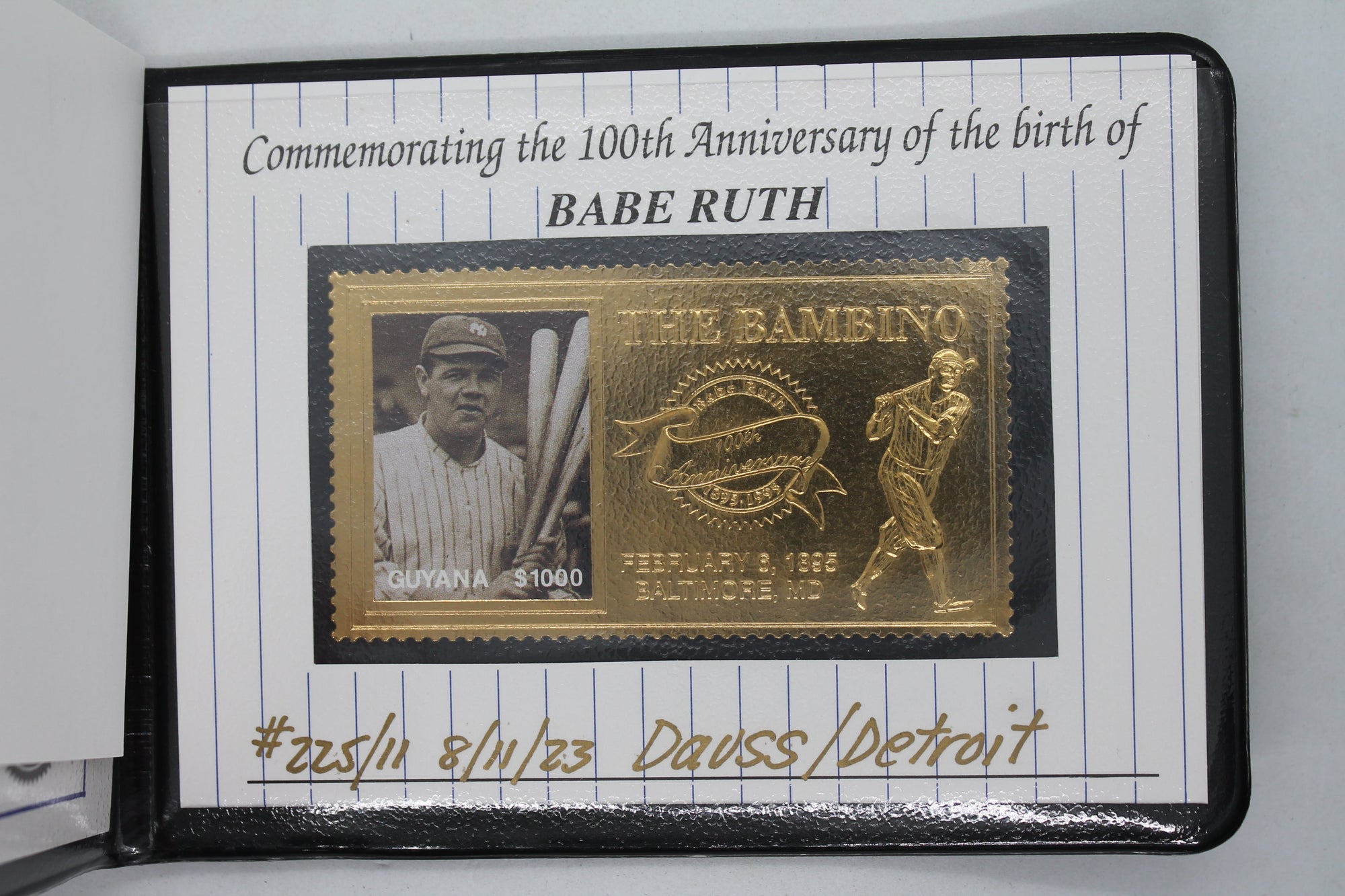 1996 SSCA “The Babe” Babe Ruth 100th Anniversary Gold Stamp / Postcard Yankees