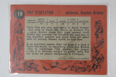 Pat Stapleton 1961-62 Topps Rookie Card - Boston Bruins