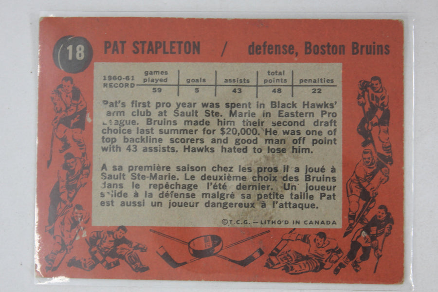 Pat Stapleton 1961-62 Topps Rookie Card - Boston Bruins