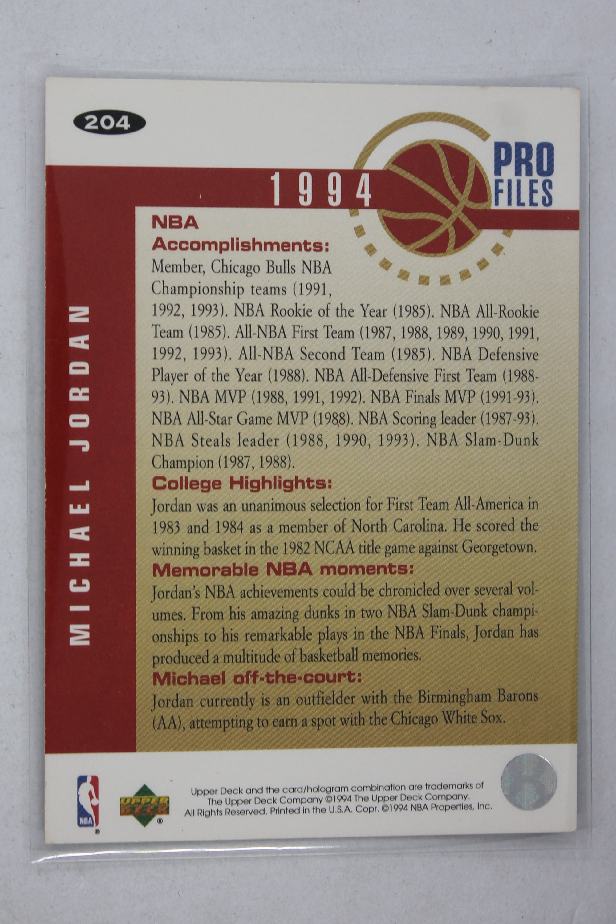 Michael Jordan 1994-95 Upper Deck Collector's Choice - [Base] #204 Pro Files