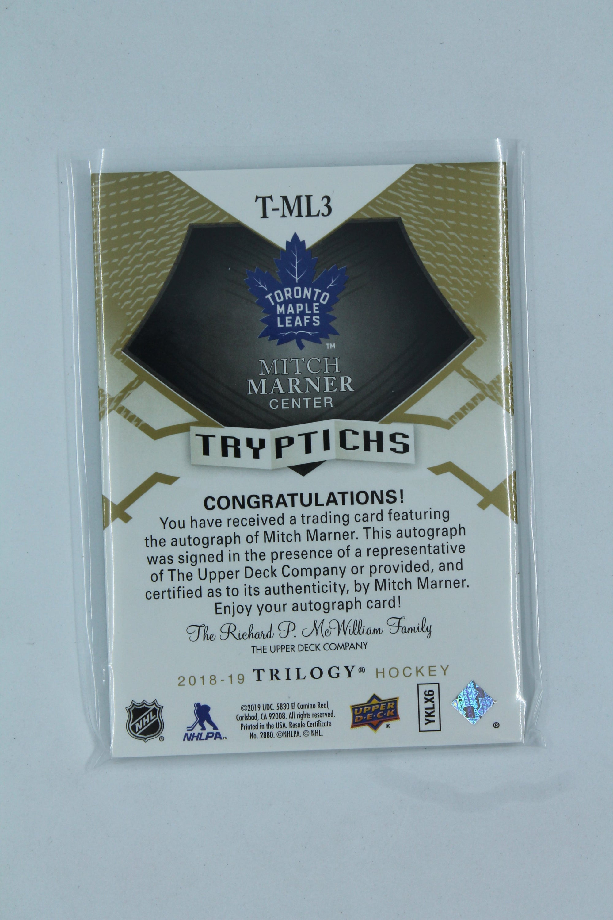 Mitch Marner 2018-19 Upper Deck Trilogy- Tryptichs Autographs/Relics - #T-ML3 #10/49