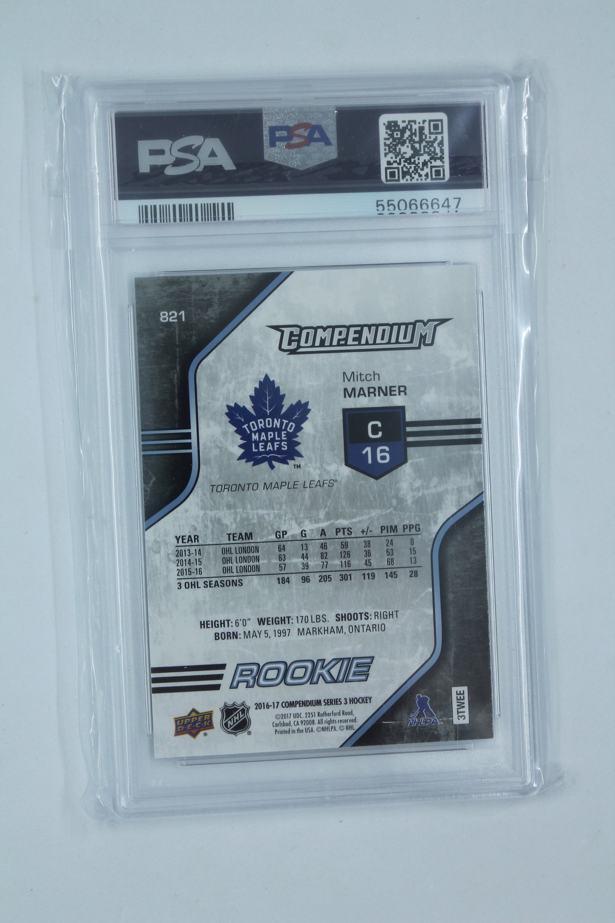 Mitch Marner 2016-17 Upper Deck Compendium - [Base] - Blue #821 Rookies - [PSA 9 MINT]