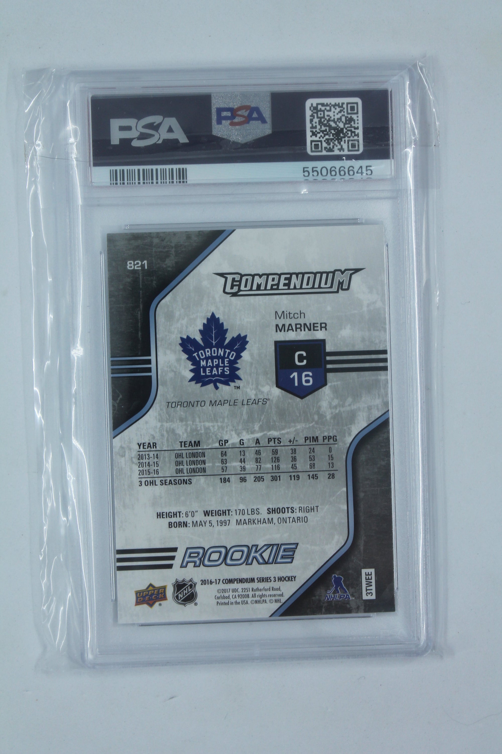 Mitch Marner 2016-17 Upper Deck Compendium - [Base] - Blue #821 Rookies - [PSA 8]