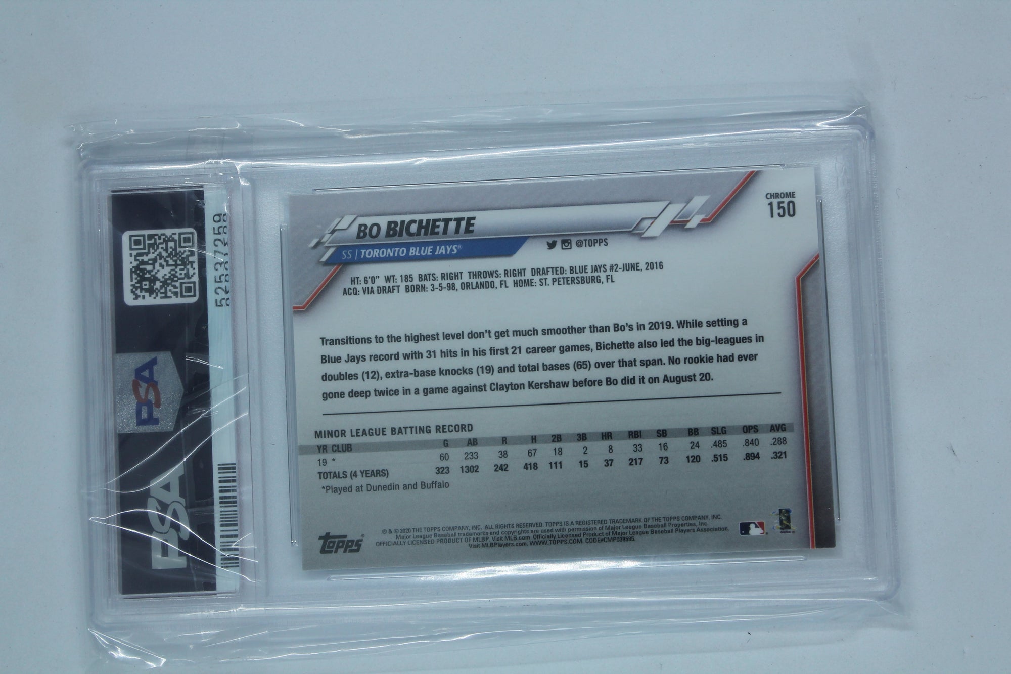 Bo Bichette 2020 Topps Chrome Rookie Card PSA Mint 9