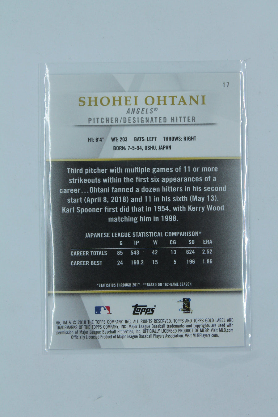 Shohei Ohtani 2018 Topps Gold Label Rookie Card