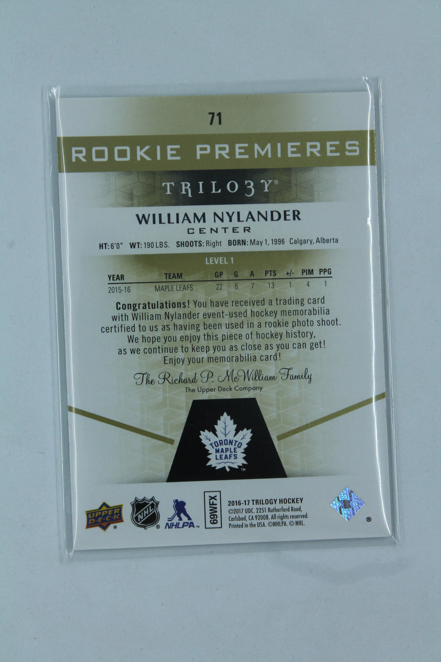 William Nylander 2016-17 Upper Deck Trilogy - Green Relics Rookie Card #147/399
