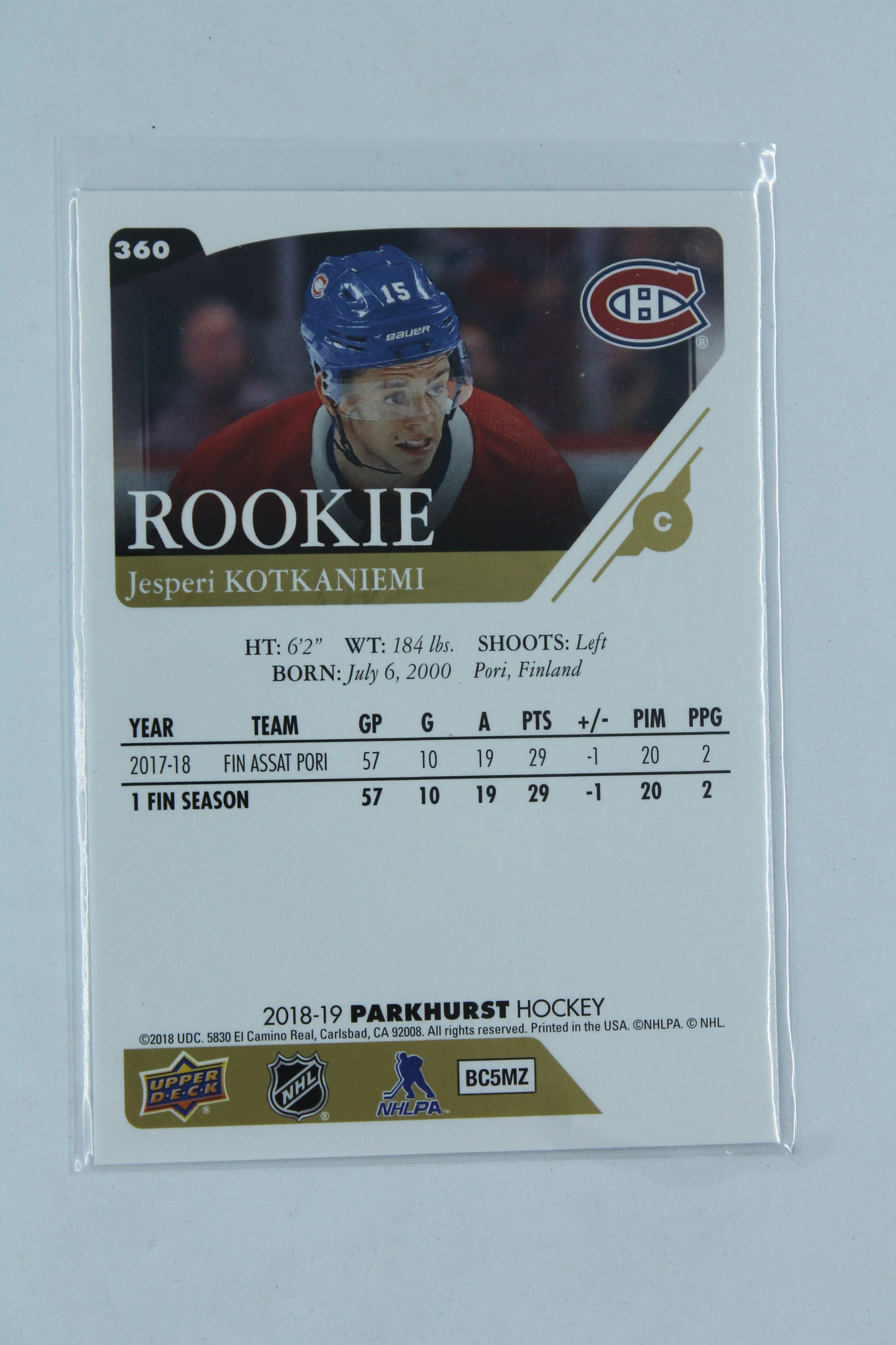 Jesperi Kotkaniemi 2018-19 Upper Deck Parkhurst Rookie Card