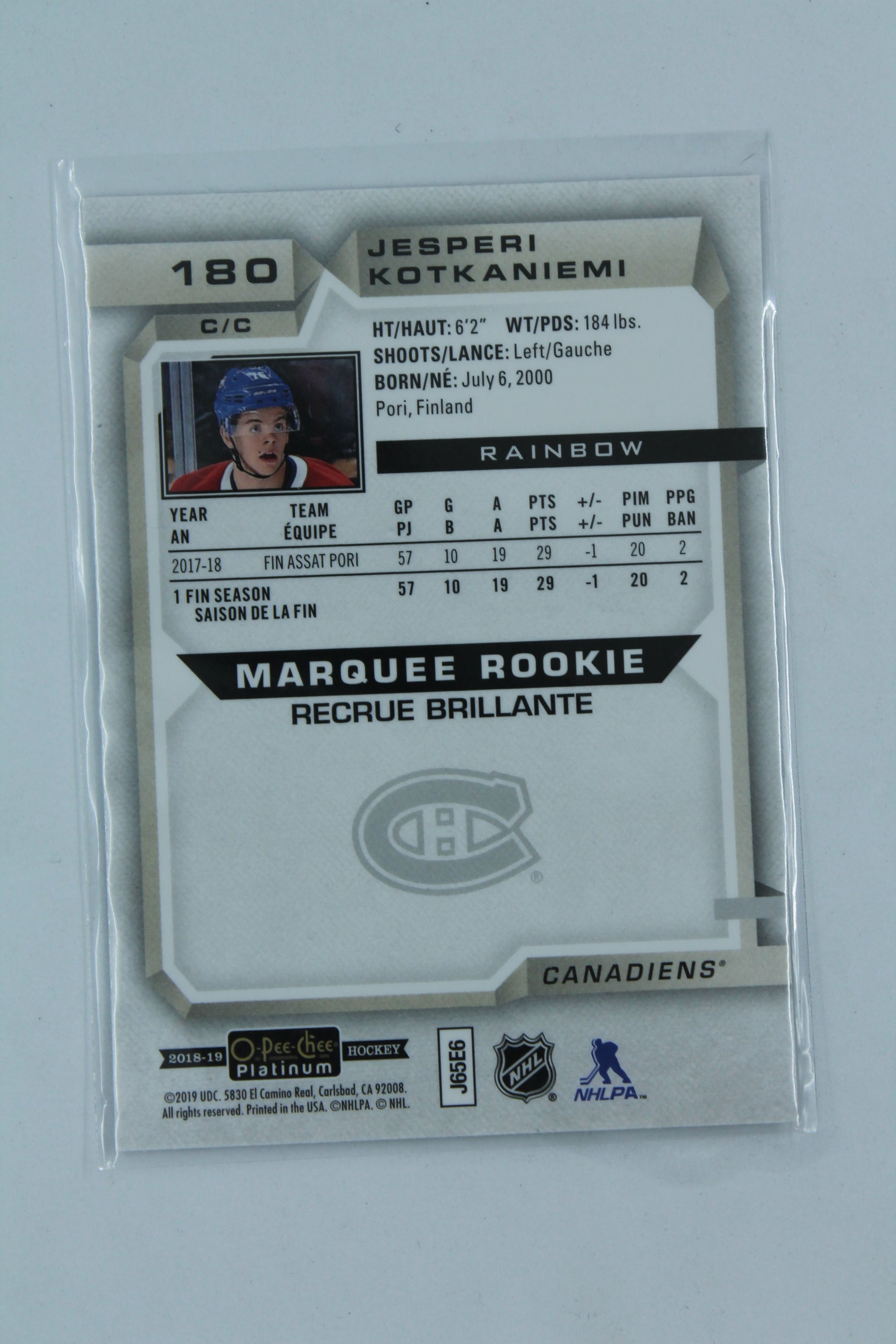 Jesperi Kotkaniemi 2018-19 0-Pee-Chee Platinum Rainbow Rookie Card
