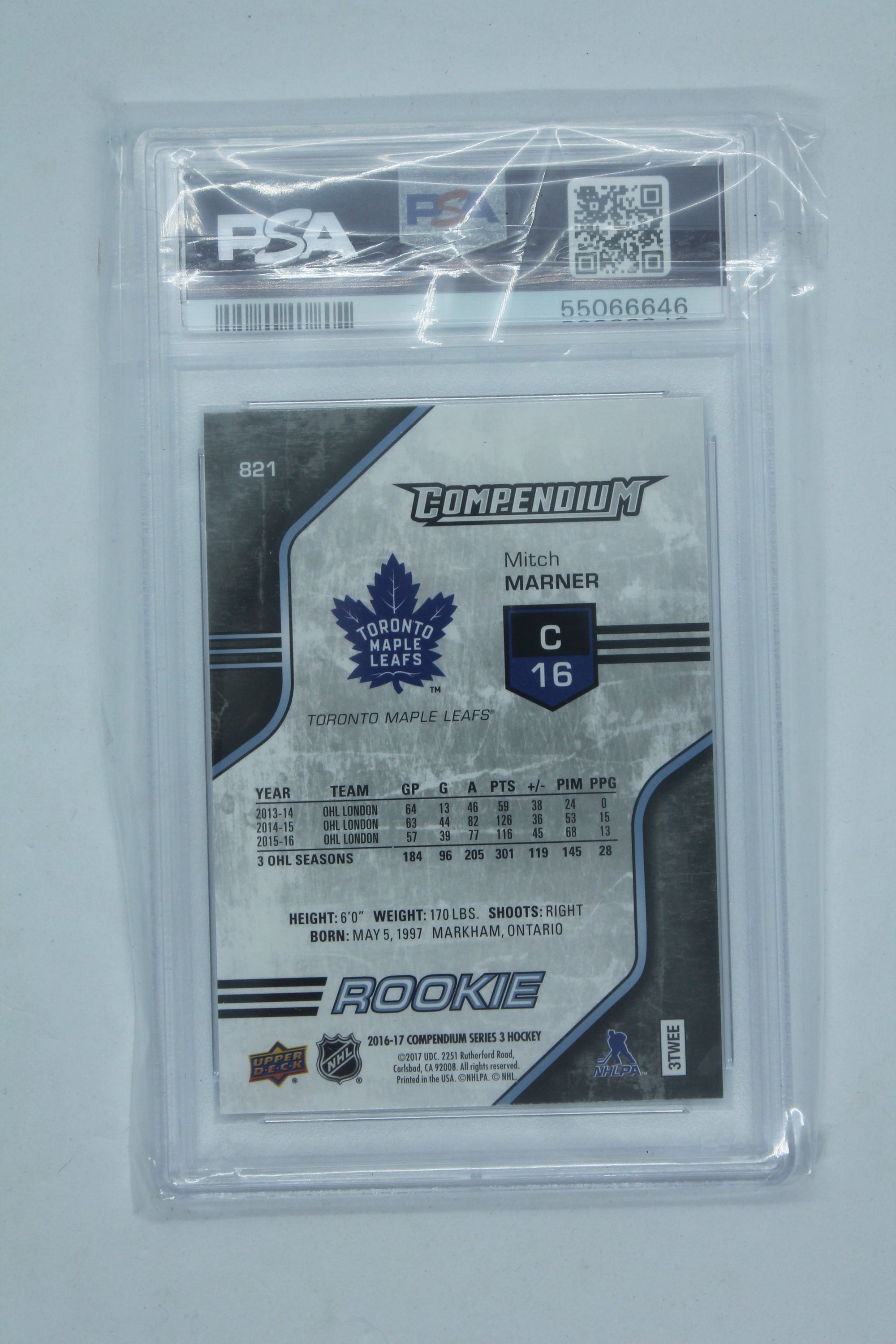 Mitch Marner 2016-17 Upper Deck Compendium - [Base] - Blue #821 Rookies - [PSA 9 MINT]