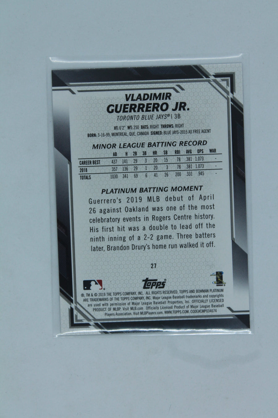 Vladimir Guerrero Jr. 2019 Bowman Platinum Rookie Card - #27