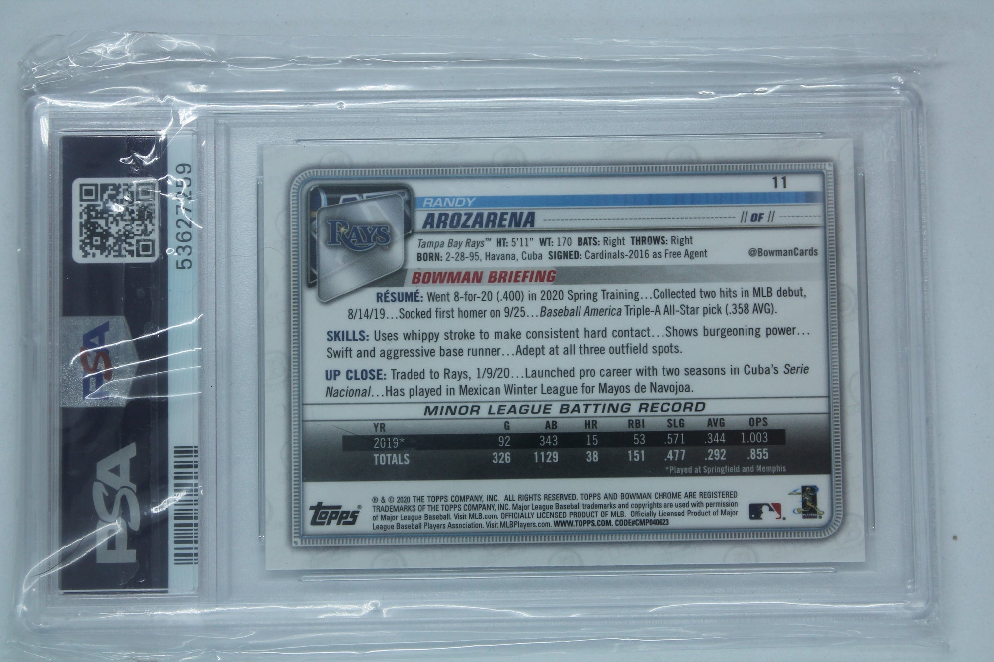 Randy Arozarena 2020 Bowman Chrome Rookie Card - PSA Mint 9