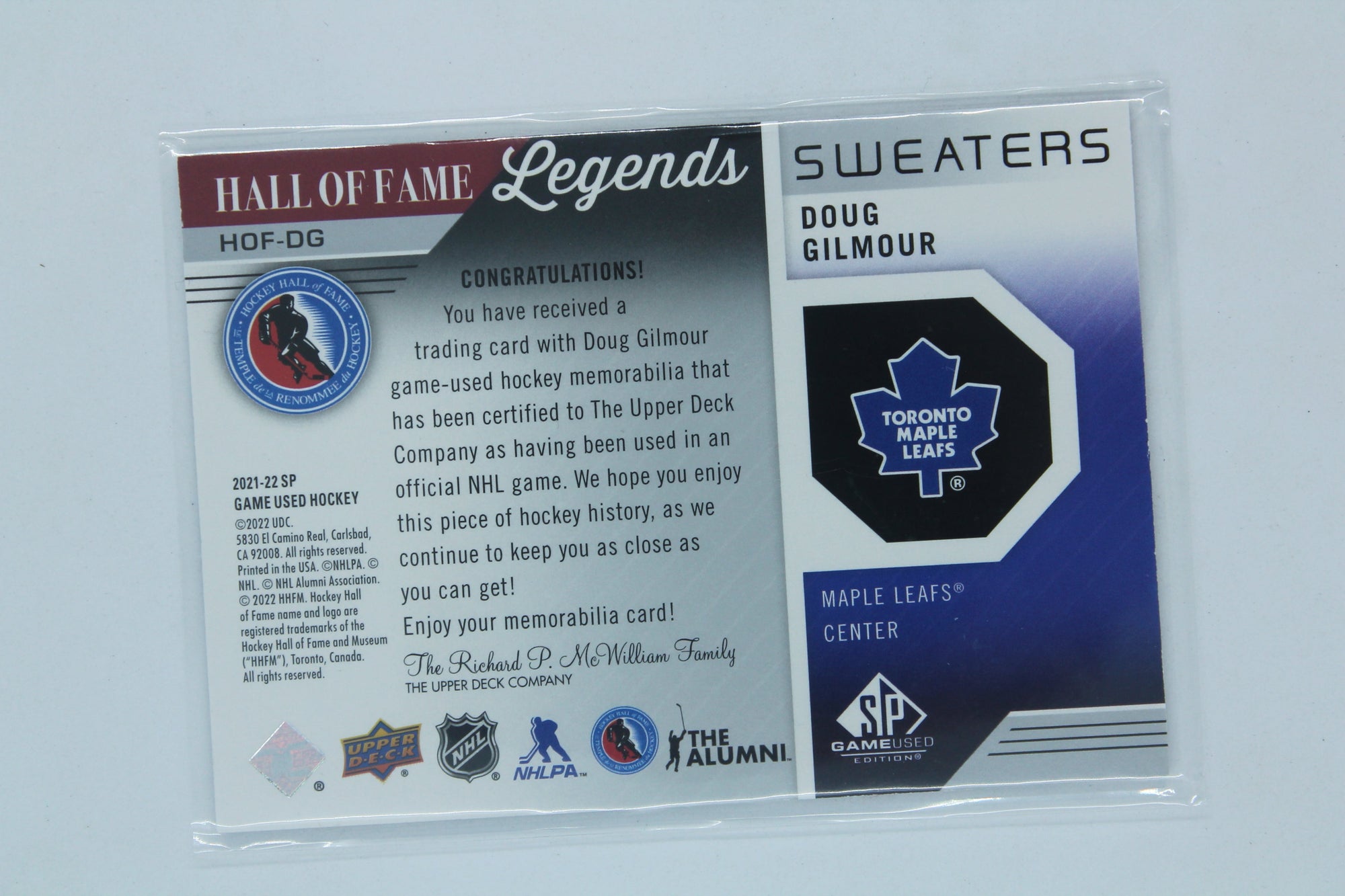 Doug Gilmour 2021-22 Upper Deck SP Game Used - HOF Legends Sweaters #HOF-DG