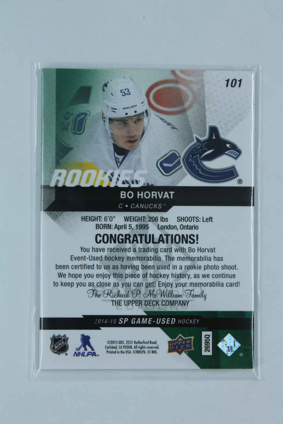 Bo Horvat 2014-15 SP Game-Used - Gold Jerseys Rookie Card #187/499
