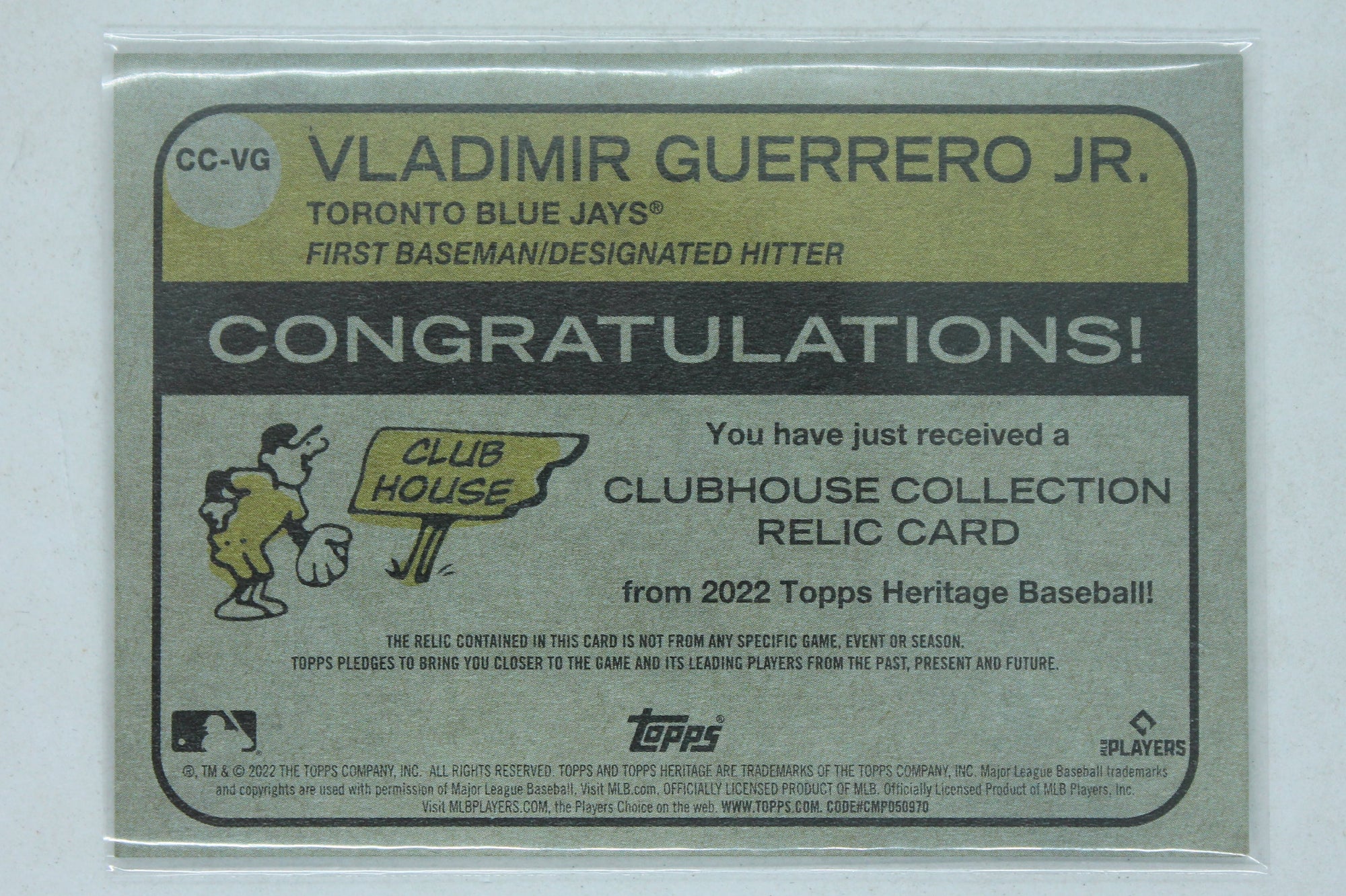 Vladimir Guerrero Jr. 2022 Topps Heritage - Clubhouse Collection Relics Jersey Card