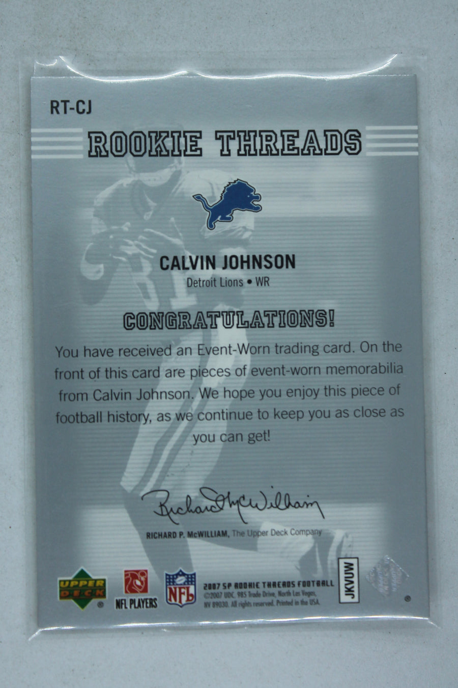 Calvin Johnson  2007 SP Rookie Threads - Authentic Player Worn Patch - RT-CJ  - Rookie Year