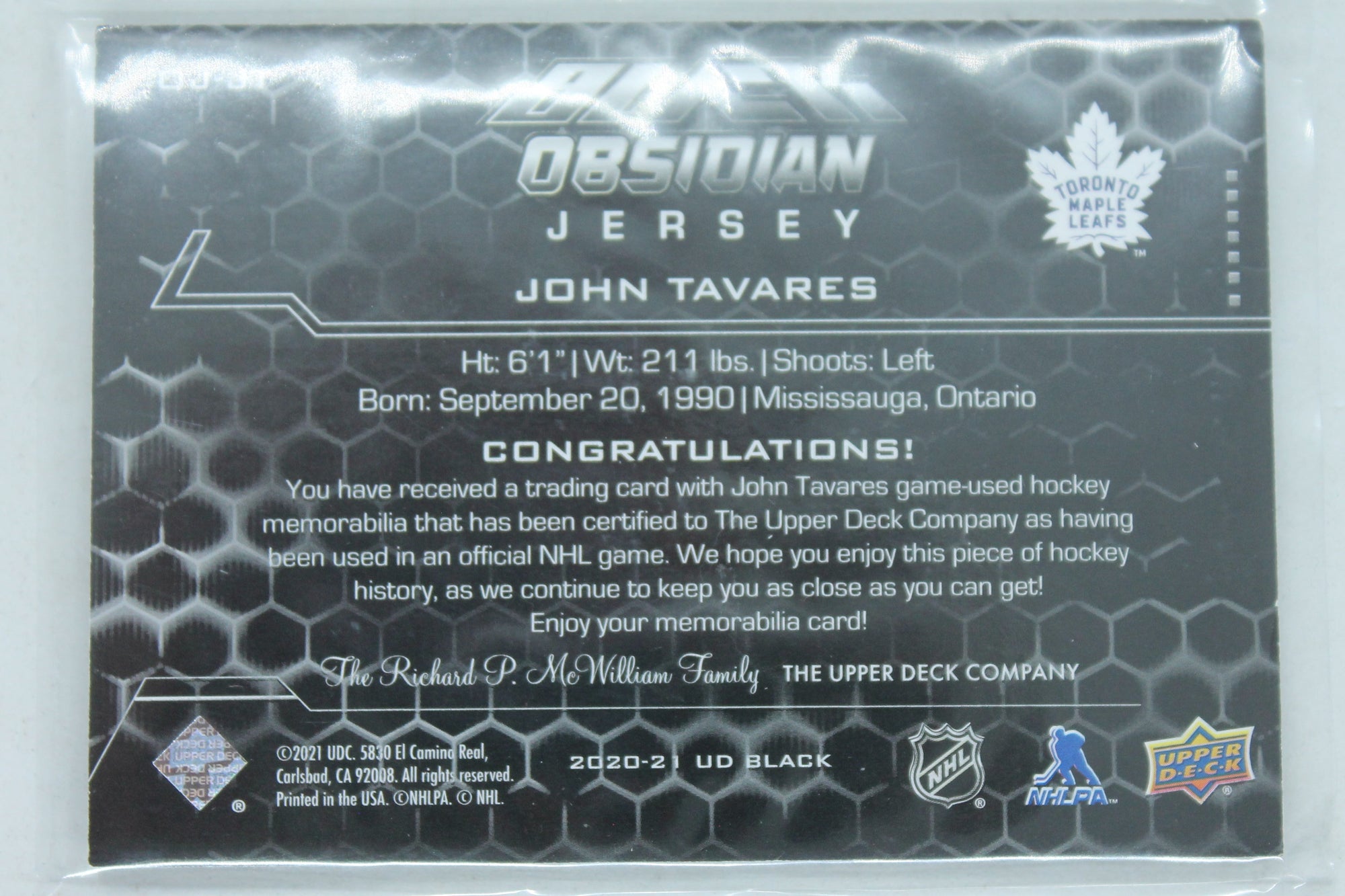 John Tavares 2020-21 SPx - UD Black Obsidian Jersey #OJ-JT - Jersey Card #132/249