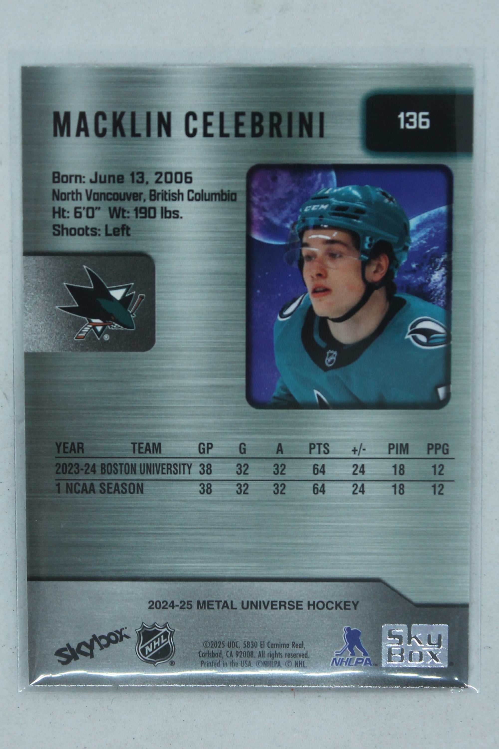 Macklin Celebrini 2024-25 Skybox Metal Universe - [Base] #136 Rookies - Rookie Card