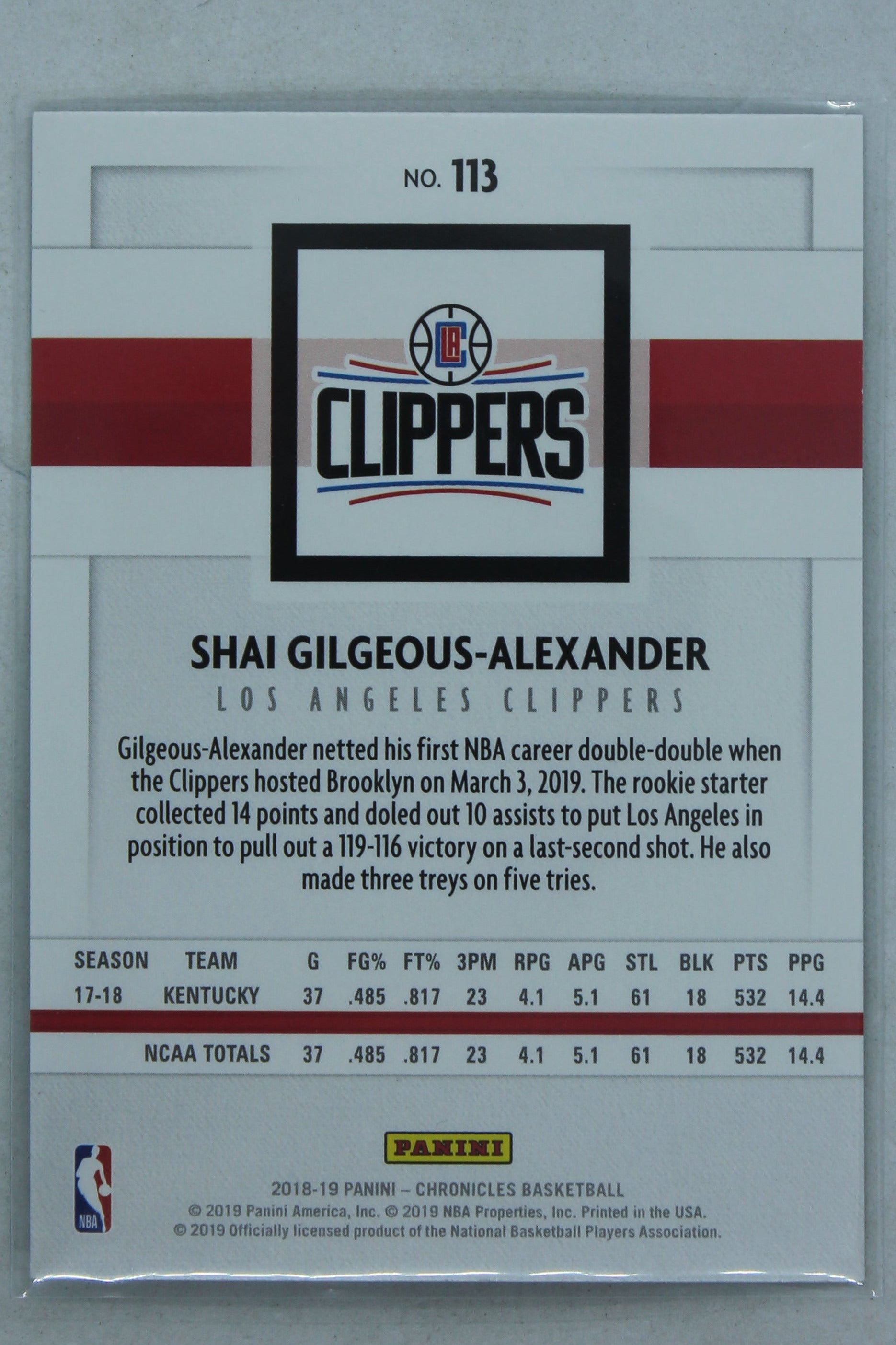 Shai Gilgeous Alexander 2018 Panini Chronicles Rookie Card