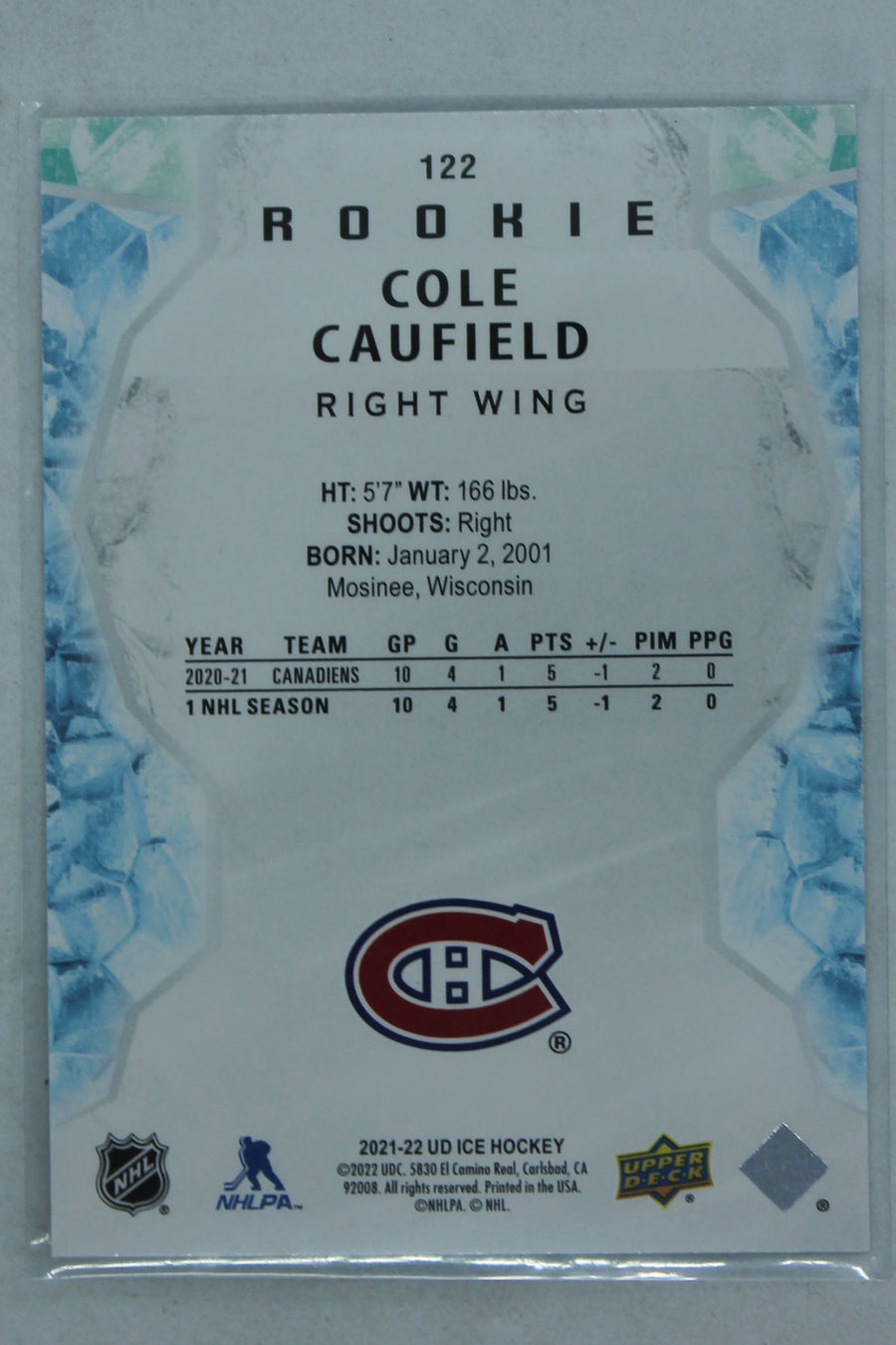 Cole Caufield 2021-22 Upper Deck Ice Rookie Rookie Card
