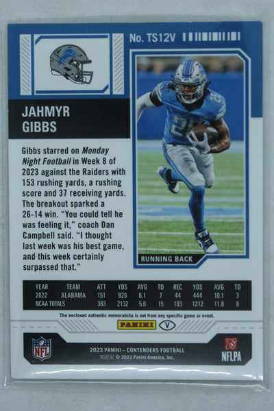 Jahmyr Gibbs 2023 Panini Contenders - Rookie Ticket Swatches - Variations #TS12V - Rookie Year Jersey card