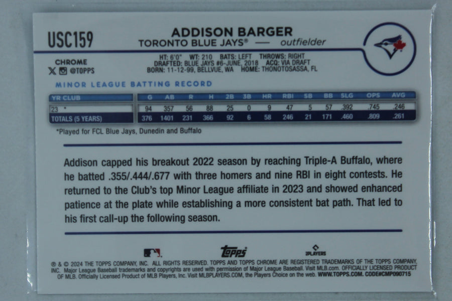 Addison Barger 2024 Topps Chrome Update Series Rookie Card